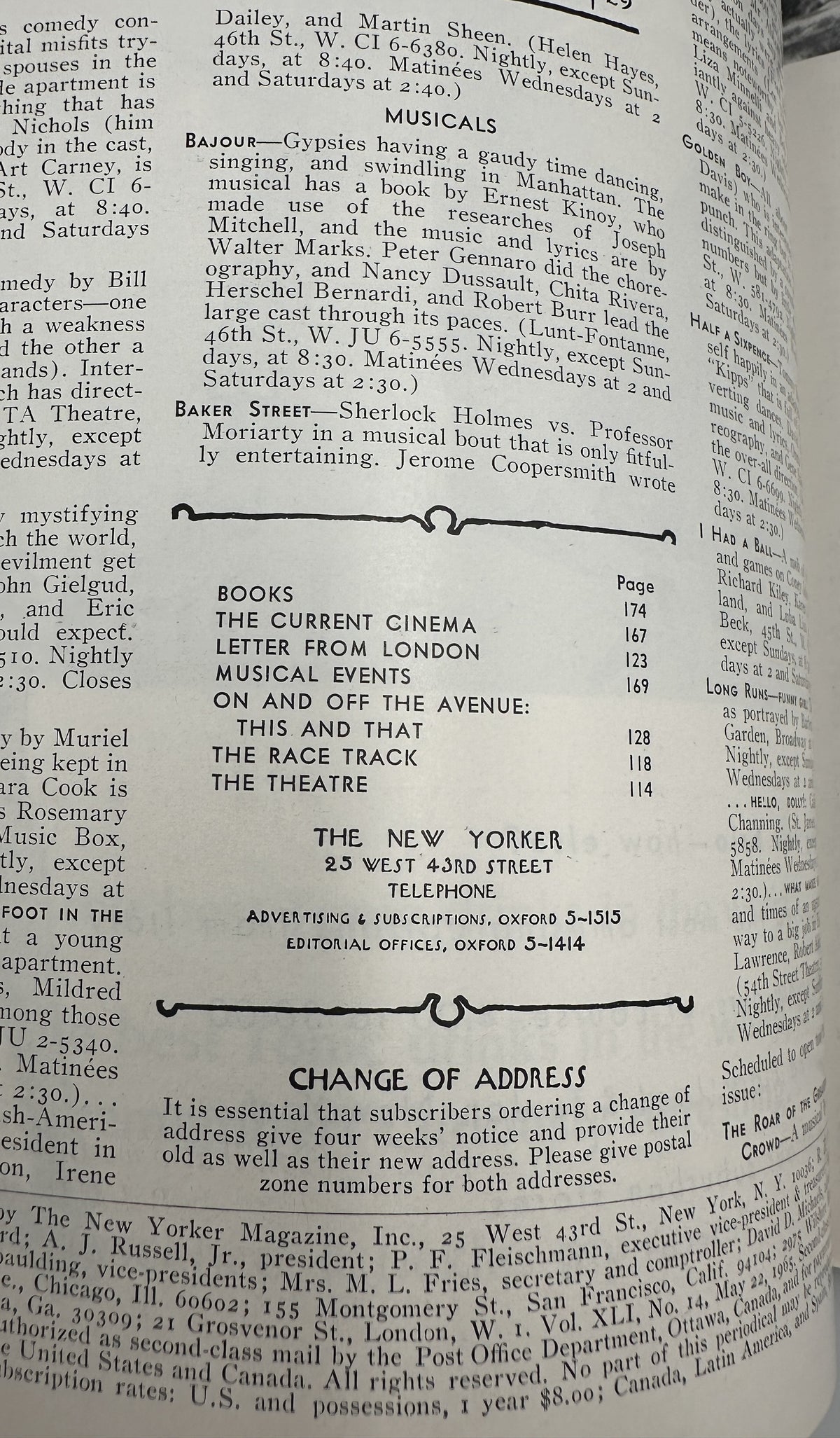 The New Yorker Magazine May 22, 1965 Harbor Sailboats Night View Charles Martin Cover showing the printed table of contents with Books, The Current Cinema, Letter from London, Musical Events, and other features.