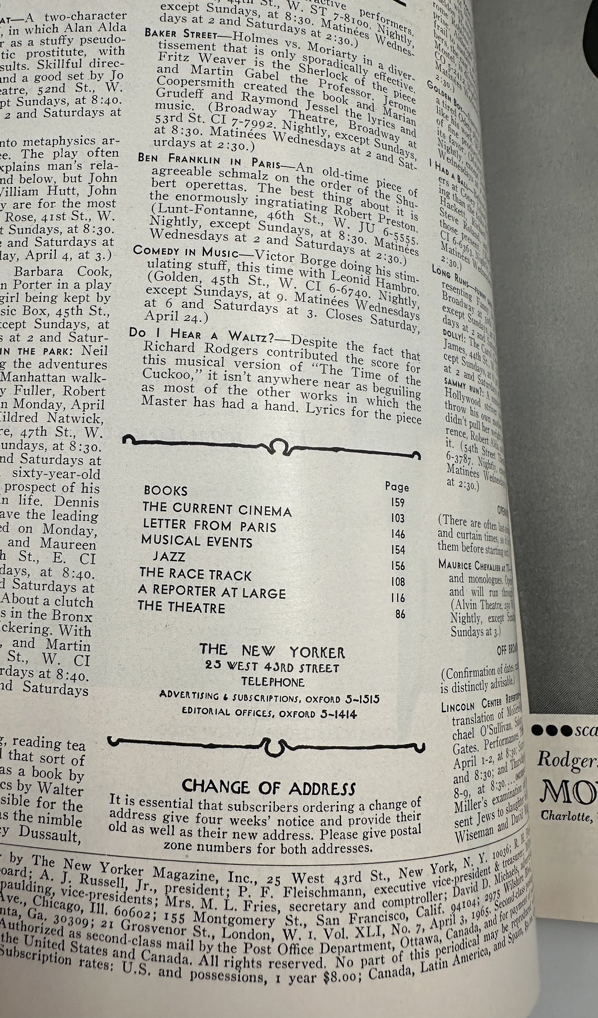 The New Yorker Magazine April 3, 1965 Red Circus Pattern Anatol Kovarsky Cover, interior table of contents page showing sections including Books, The Current Cinema, Letter from Paris, Musical Events, Jazz, The Race Track, A Reporter at Large, and The Theatre.