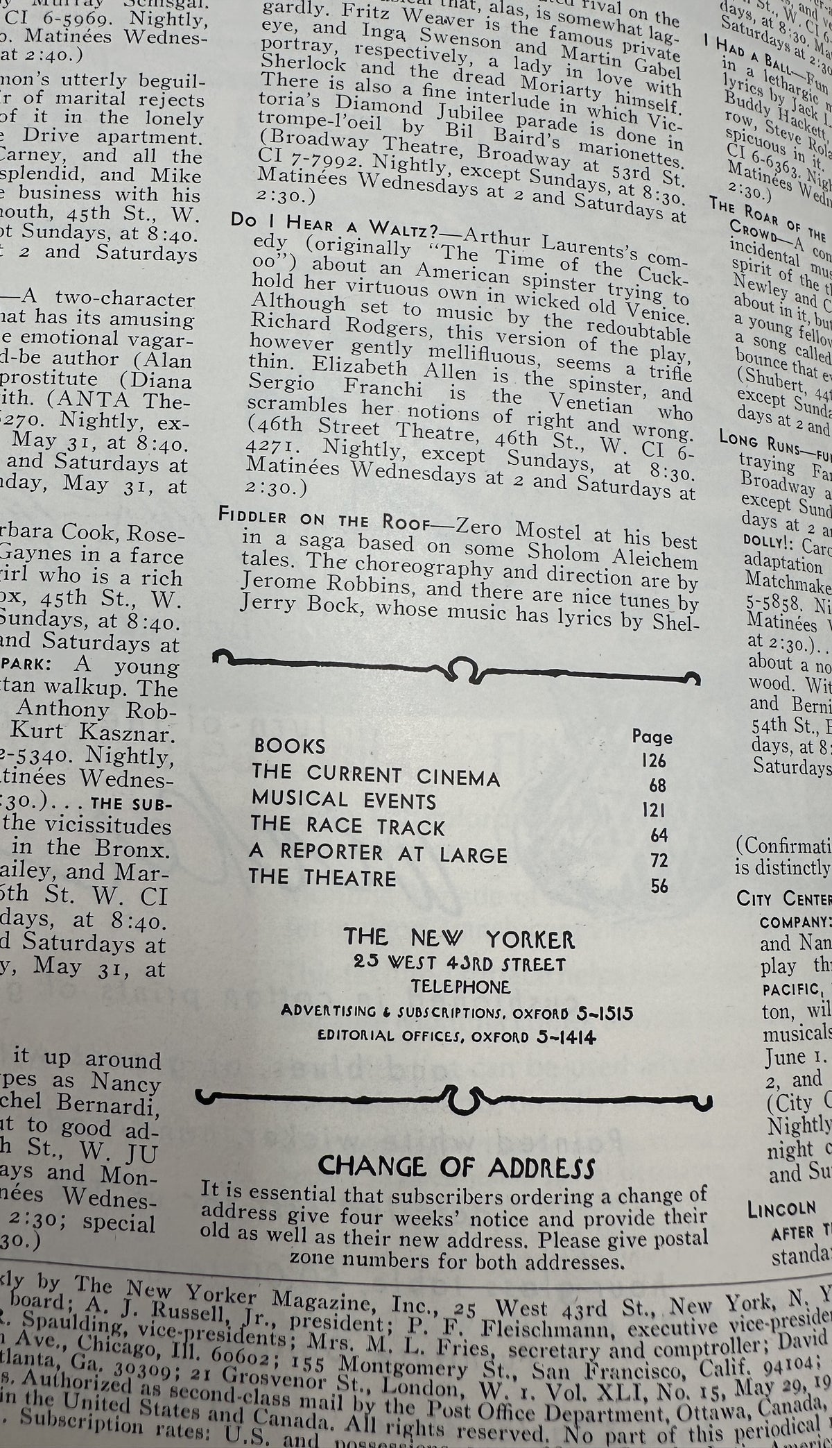 The New Yorker Magazine May 29, 1965 American Flags Parade City Arthur Getz Cover VG, interior contents page listing Books, The Current Cinema, Musical Events, The Race Track, A Reporter at Large, and The Theatre.