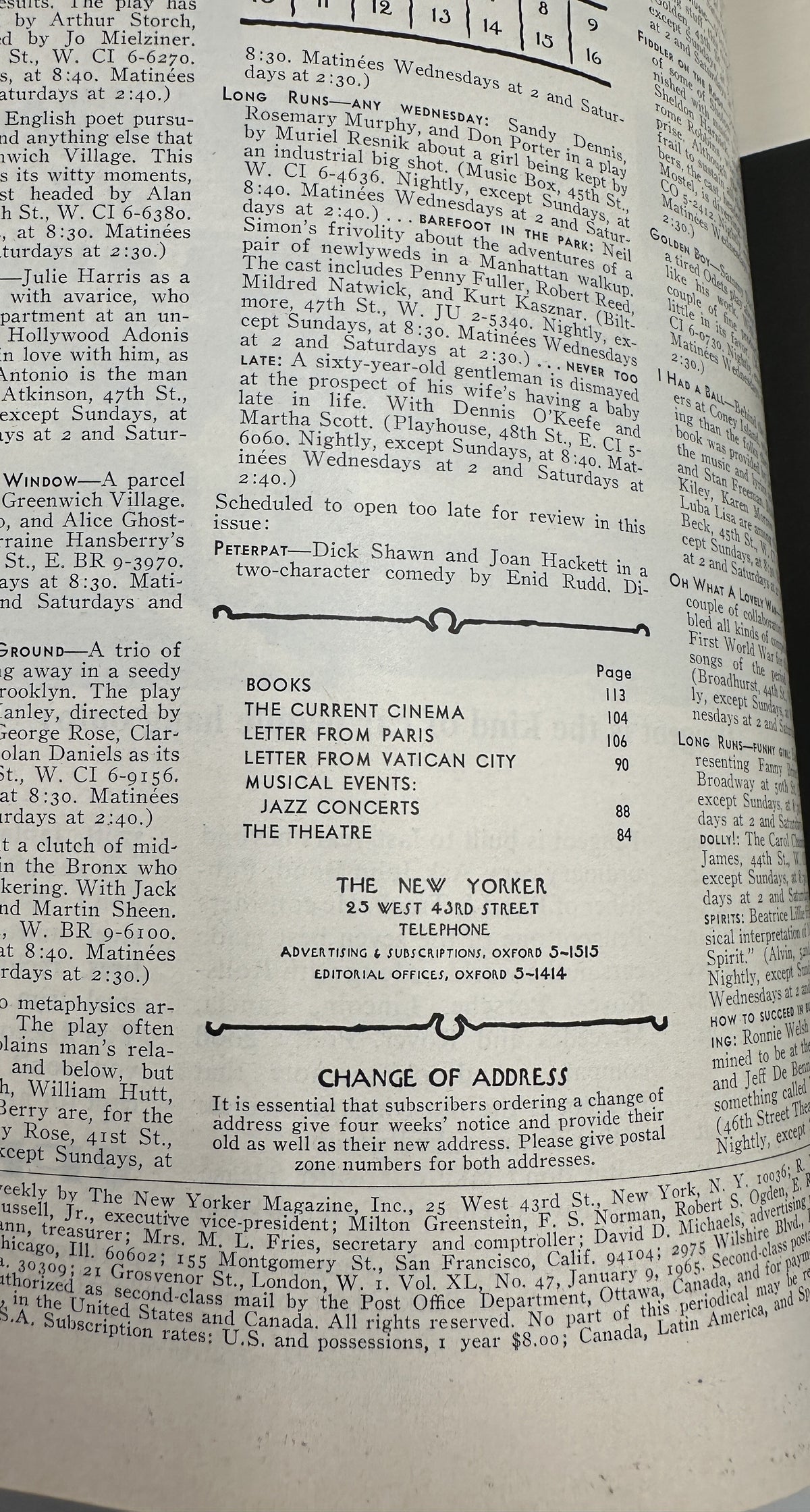 The New Yorker Magazine January 9, 1965 Snowy Village Market Albert Hubbell Cover VG, interior page showing the table of contents and magazine listings.