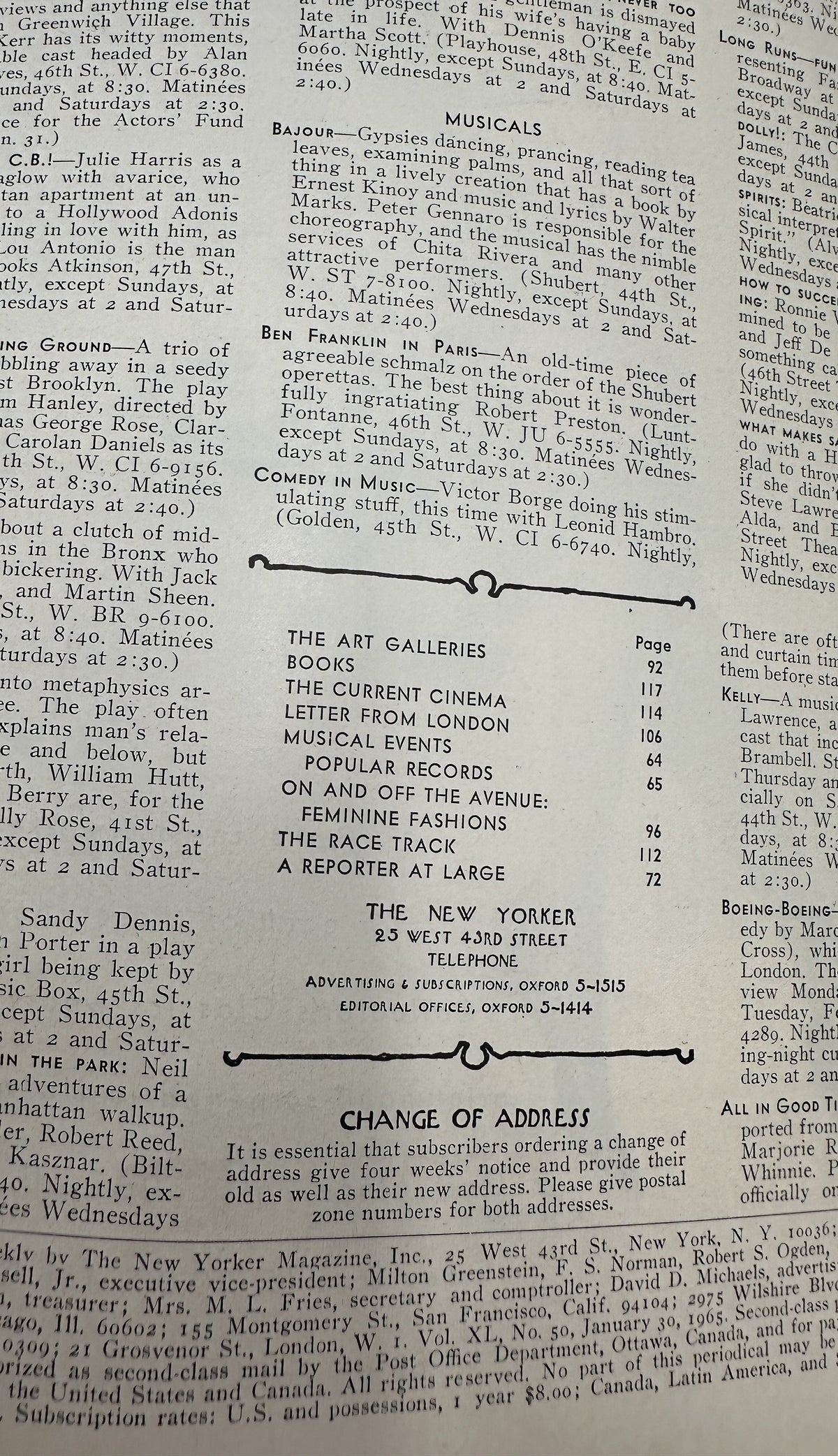 The New Yorker Magazine January 30, 1965 Formal Dinner Party Peter Arno Cover VG, interior page showing the table of contents and magazine listings.