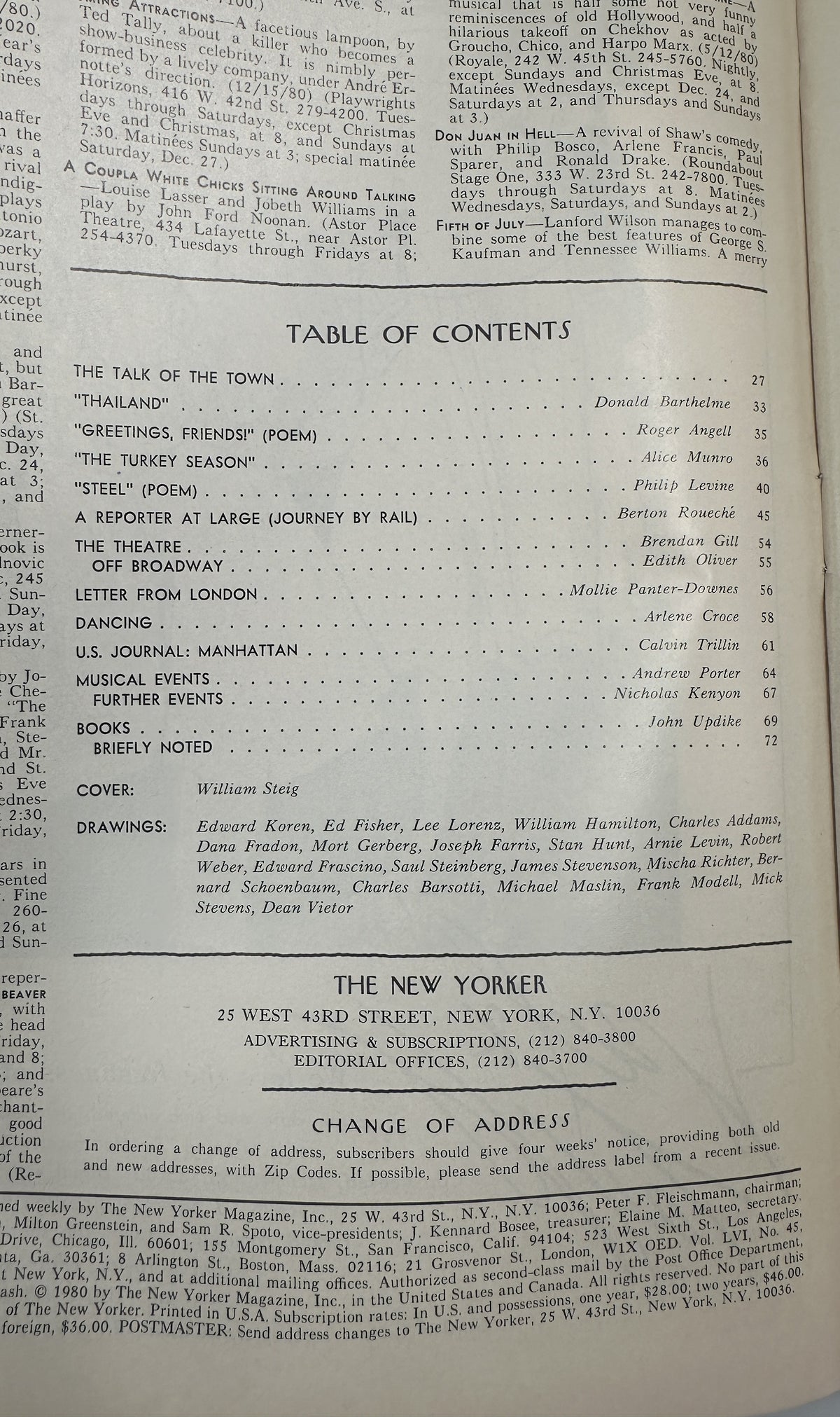The New Yorker Magazine December 29, 1980 Doll Quilt William Steig Cover VG interior table of contents page with listings for fiction, poetry, theater, books, and magazine contributors