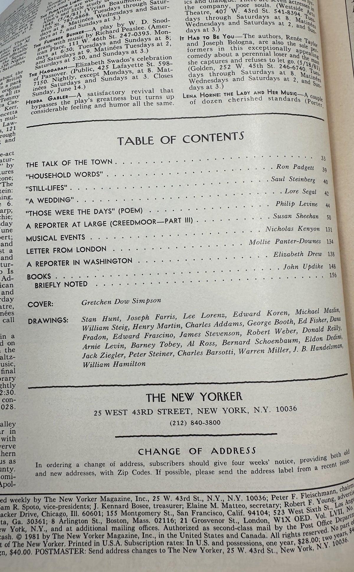 The New Yorker Magazine June 8, 1981 Deck Stairway Gretchen Dow Simpson Cover VG, interior table of contents page with feature listings, cover credit, drawings, and issue details.
