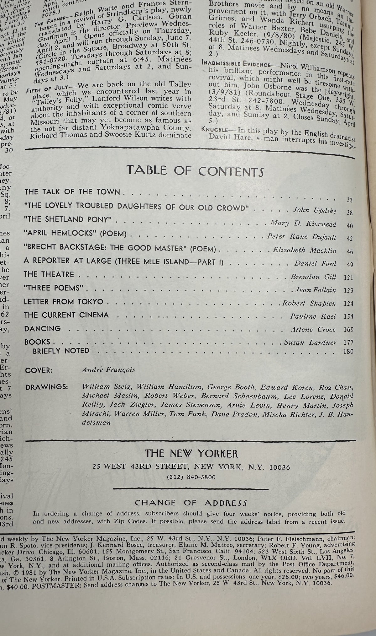 The New Yorker Magazine April 6, 1981 Gallery Party André François Cover, showing the magazine table of contents page with articles, poems, and contributors.