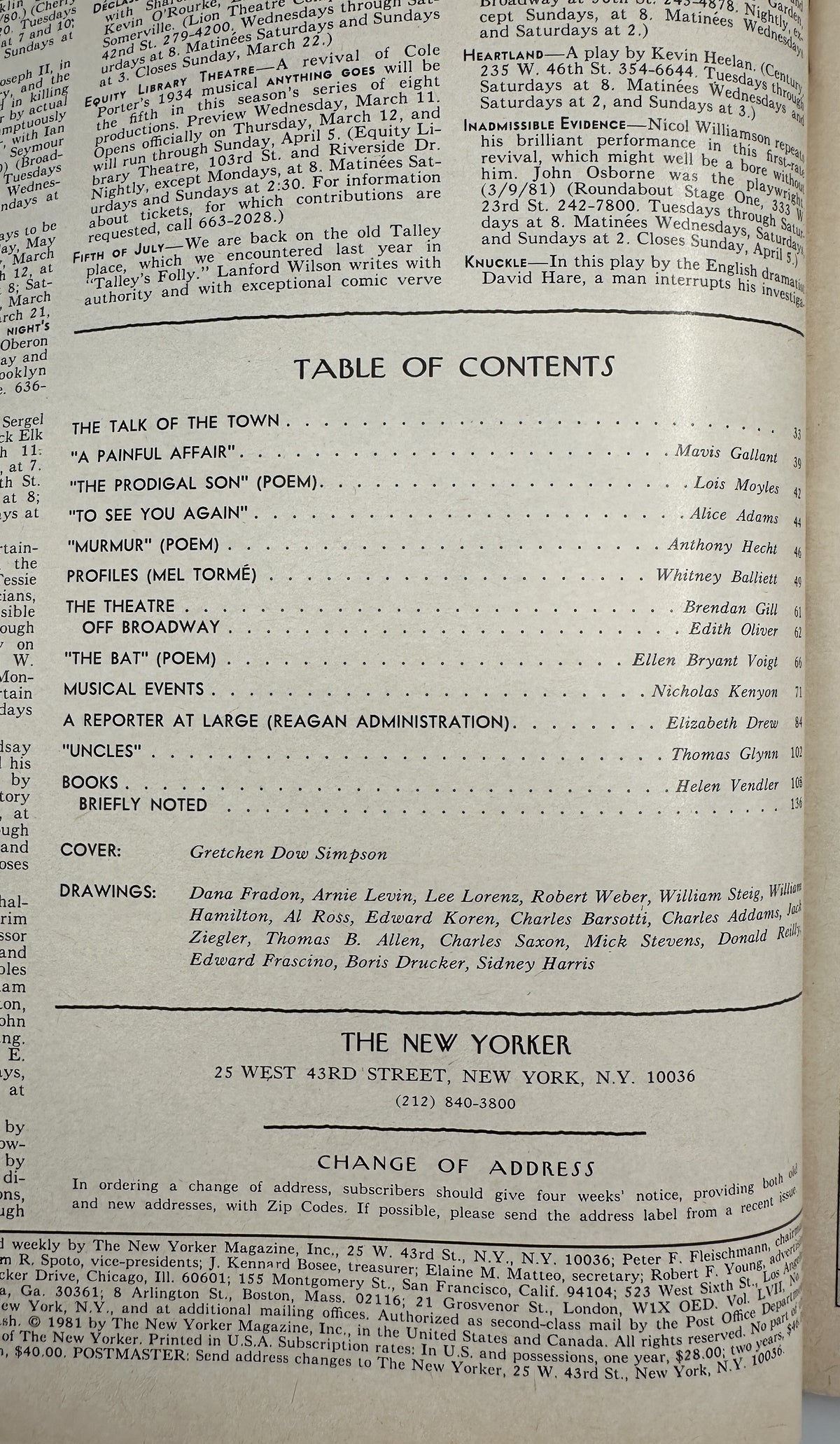 The New Yorker Magazine March 16, 1981 Rural Farmhouses Gretchen Dow Simpson Cover showing the printed table of contents and feature listings.