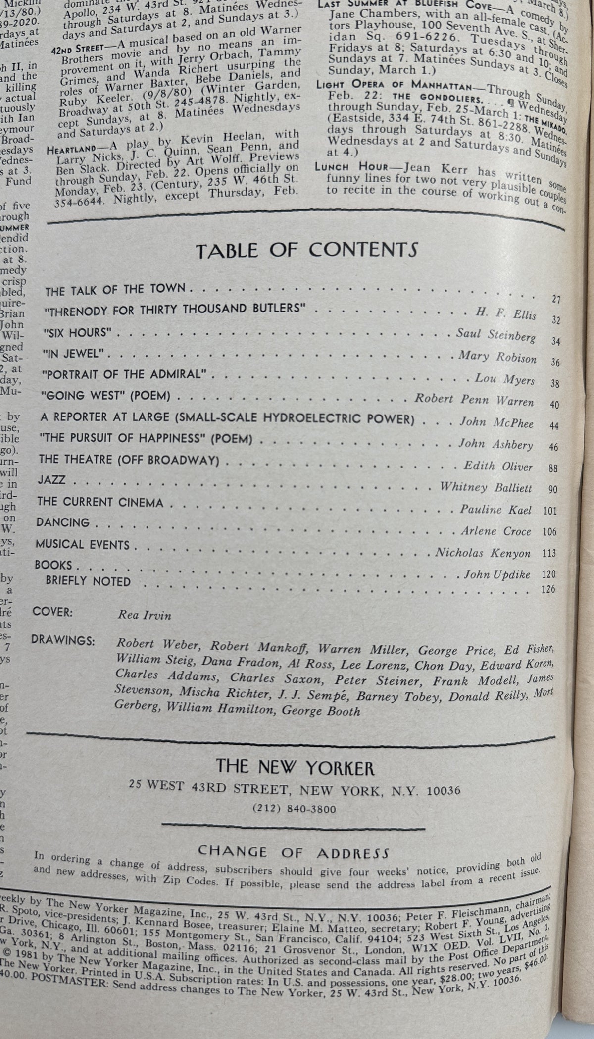 The New Yorker Magazine February 23, 1981 Top-Hatted Gentleman Portrait Rea Irvin Cover, showing the magazine table of contents and contributor listings.