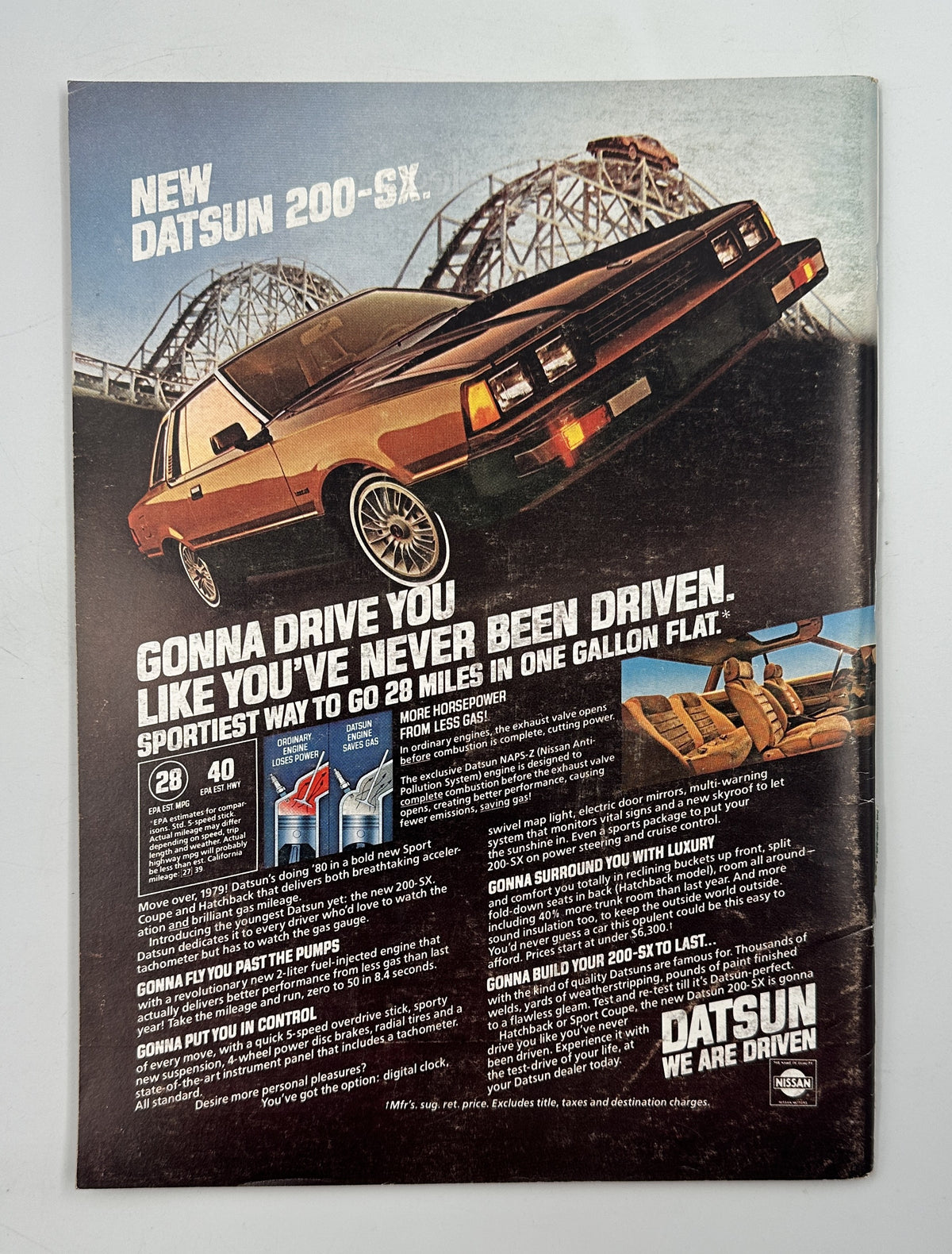 The New Yorker Magazine February 25, 1980 Top Hat Butterfly Rea Irvin Cover interior vintage Datsun 200-SX automobile advertisement featuring a sports car near a roller coaster.