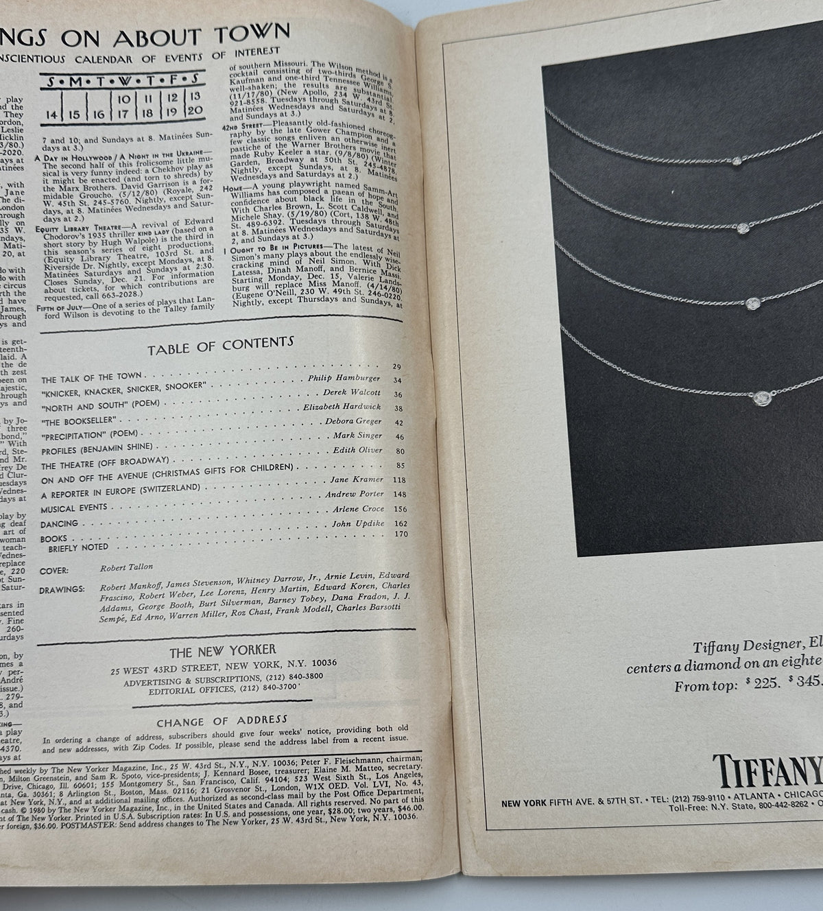 The New Yorker Magazine December 15, 1980 Winter Snowfield Scene Robert Tallon Cover, interior contents page with table of contents beside a Tiffany jewelry advertisement.