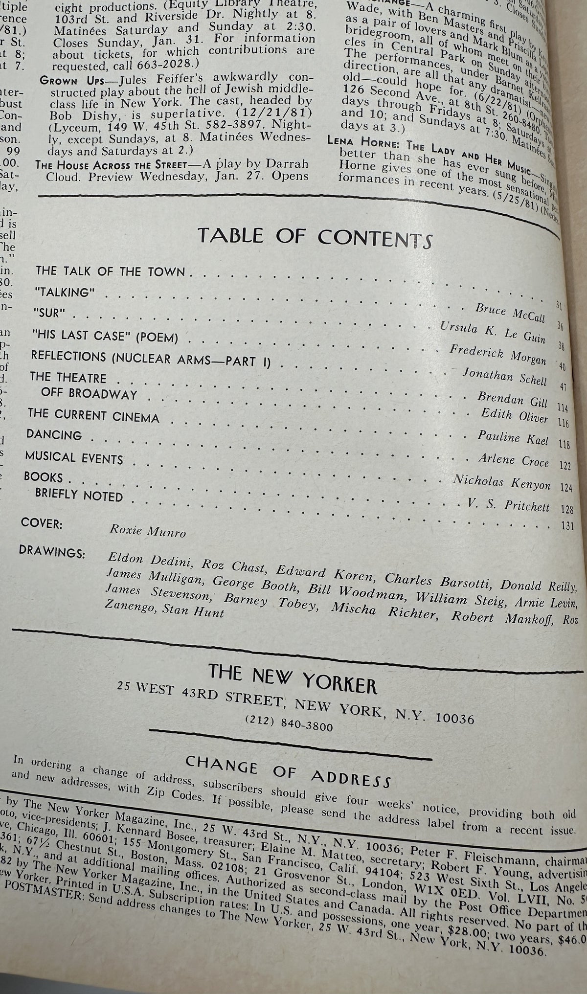 The New Yorker Magazine February 1, 1982 City Skyline Buildings Roxie Munro Cover opened to the table of contents and change of address page.