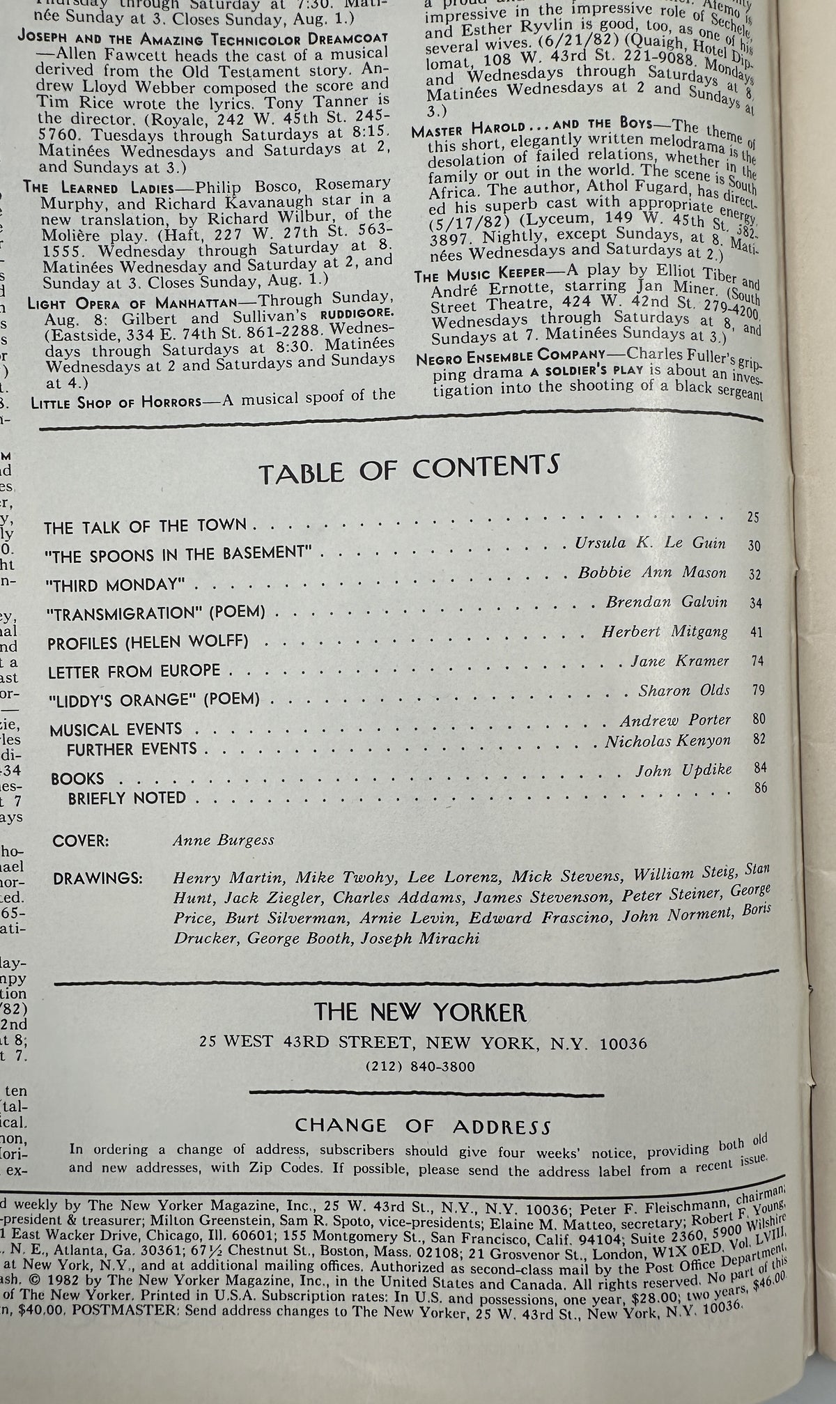 The New Yorker Magazine August 2, 1982 Lakeside Fishing Picnic Anne Burgess Cover table of contents page showing featured articles, poems, profiles, reviews, and contributors.