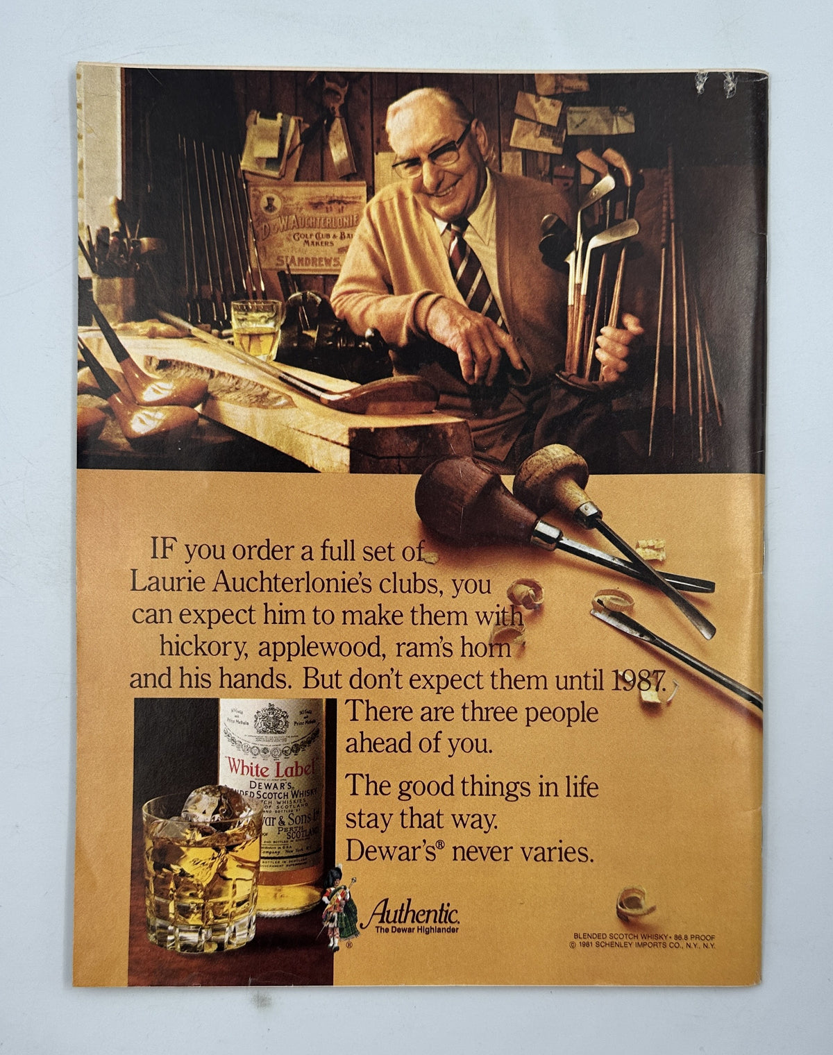 Interior advertisement from The New Yorker Magazine July 20, 1981 Diving Board Swimmer Robert Tallon Cover, featuring an older craftsman surrounded by tools and woodworking materials with a whiskey glass and bottle.