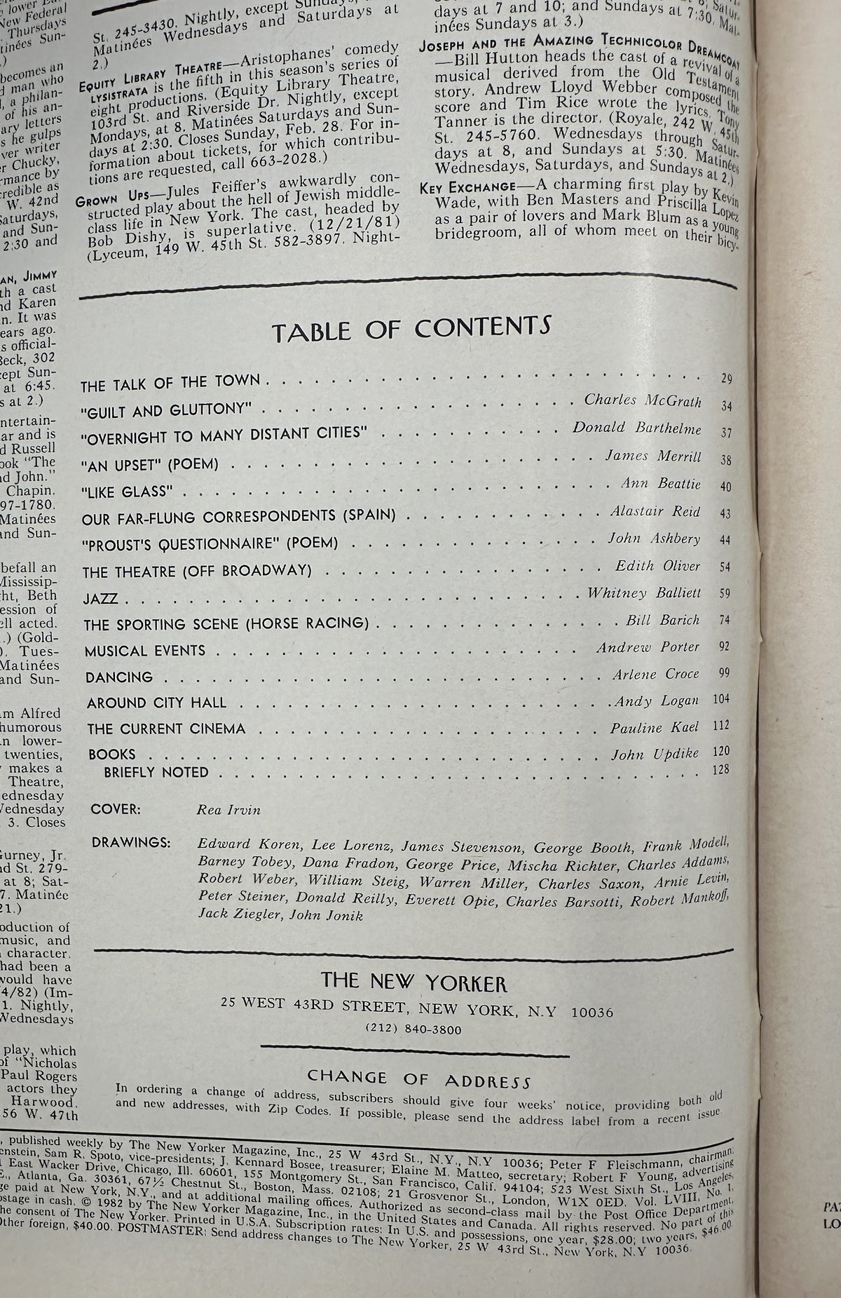 The New Yorker Magazine February 22, 1982 Top Hat Butterfly Rea Irvin Cover shown open to the table of contents page with listings for articles, poetry, theater, jazz, cinema, books, and drawings.