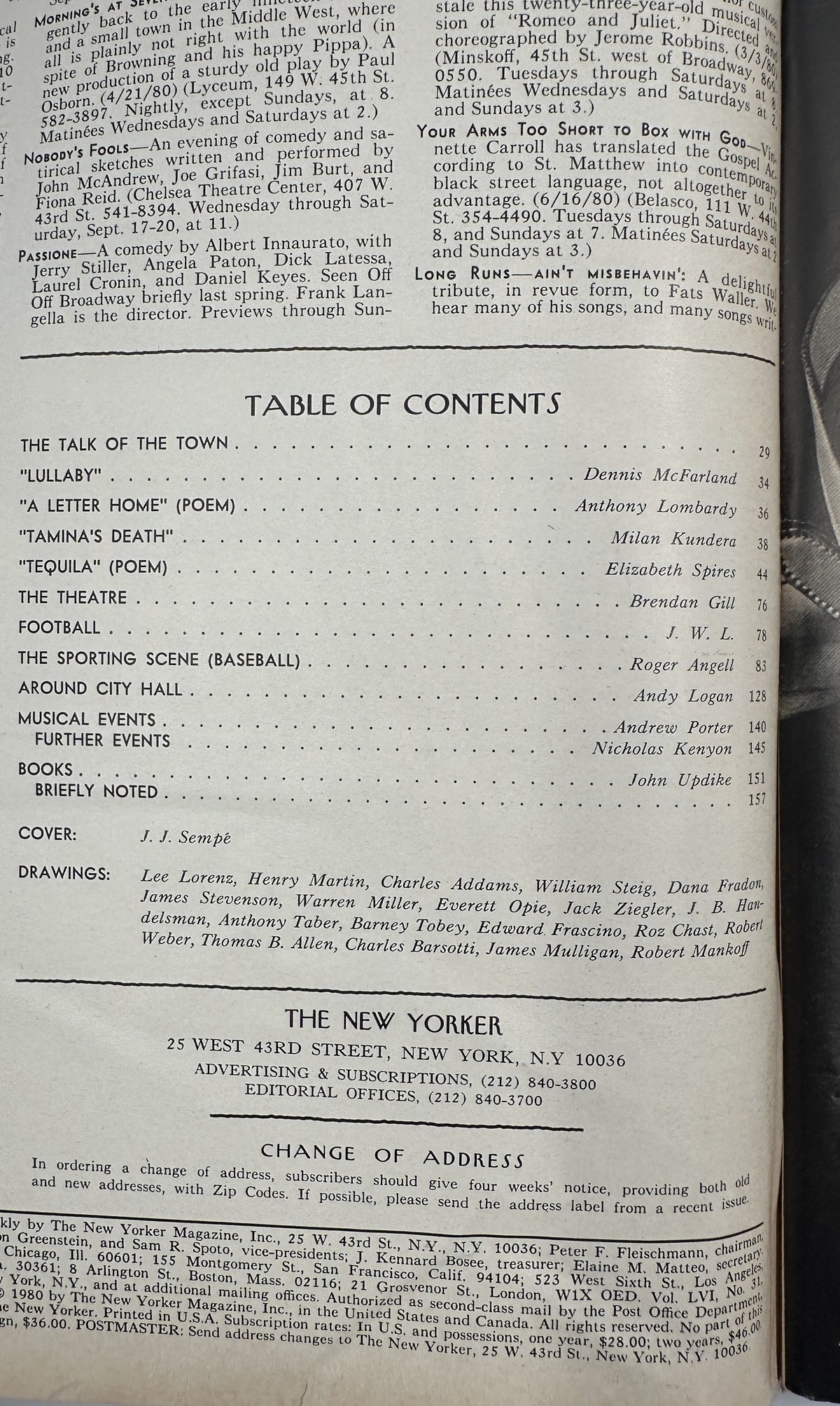The New Yorker Magazine September 22, 1980 Hockey Viewing Party J. J. Sempé Cover, interior table of contents page listing articles, poems, sports features, and contributors