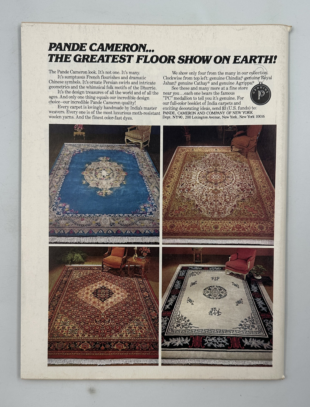 The New Yorker Magazine September 22, 1980 Hockey Viewing Party J. J. Sempé Cover, vintage interior advertisement for Pande Cameron floor coverings with four rug photographs