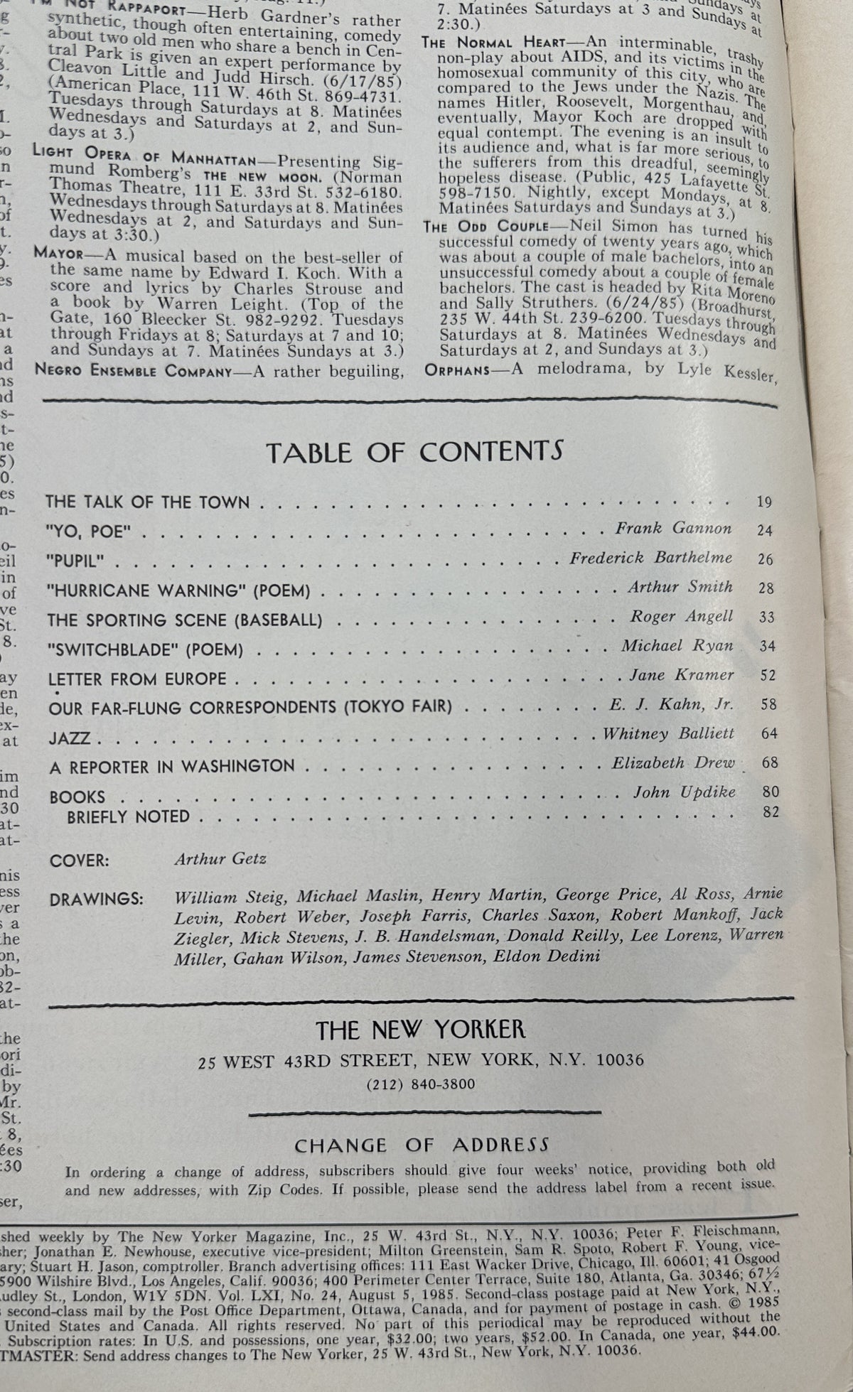 The New Yorker Magazine August 5, 1985 Sailboat Harbor Arthur Getz Cover, showing the magazine table of contents and publication information pages.