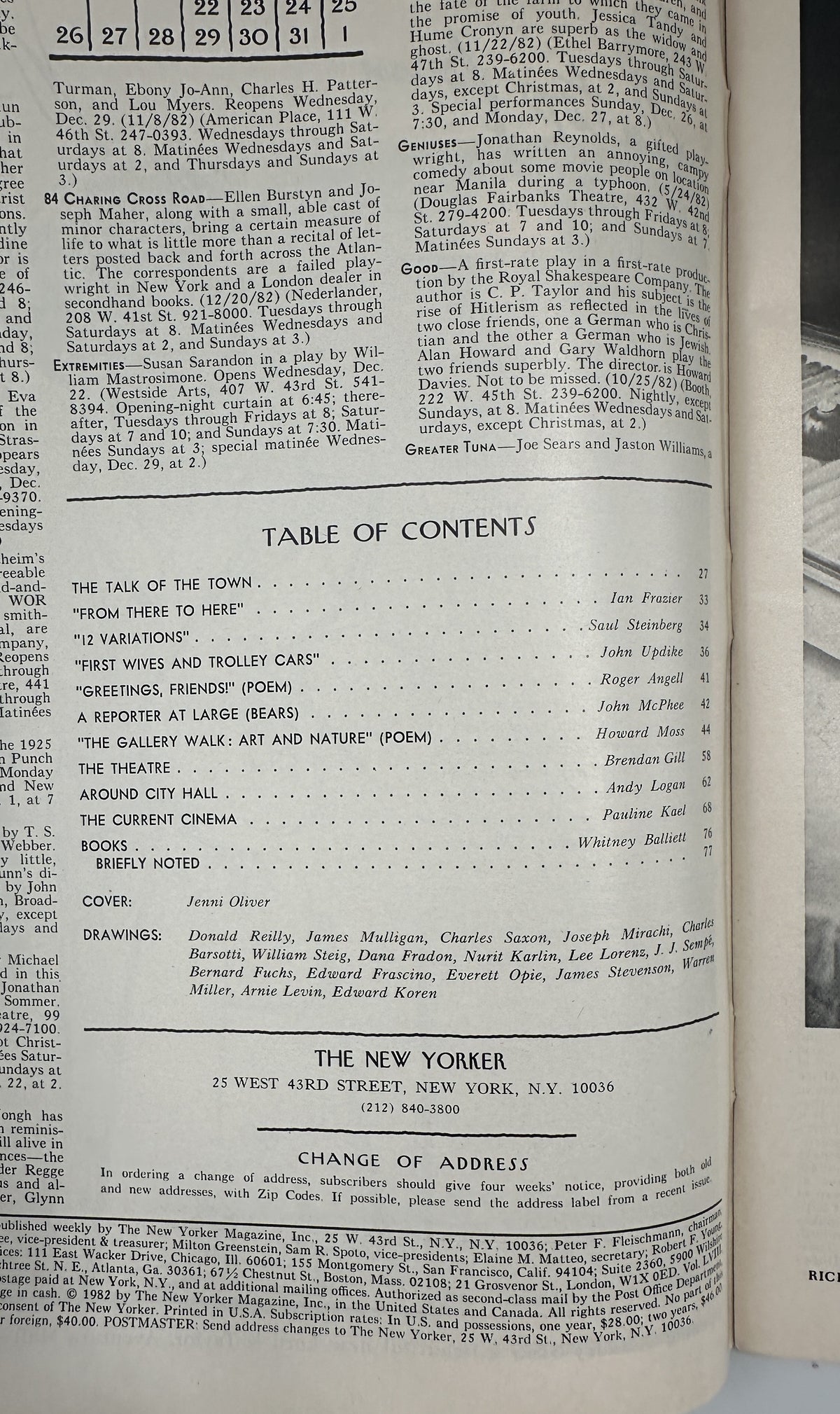 The New Yorker Magazine December 27, 1982 Holiday Floral Arrangement Jenni Oliver Cover VG interior table of contents page featuring articles, essays, theater, cinema, and book reviews