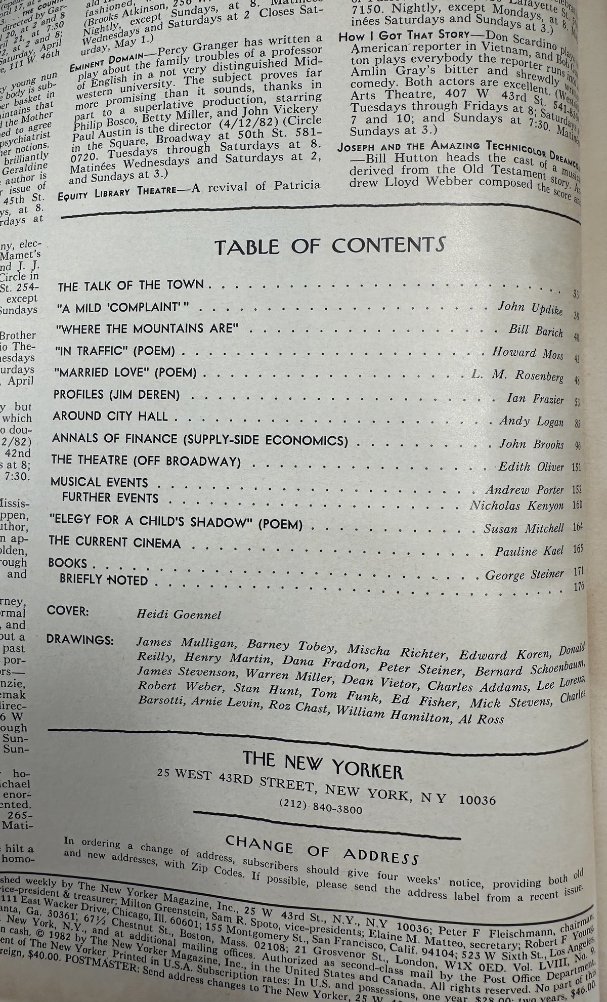 The New Yorker Magazine April 19, 1982 Umbrella Walking Path Heidi Goennel Cover VG, interior table of contents page listing featured articles, poems, profiles, reviews, and cover artist Heidi Goennel.