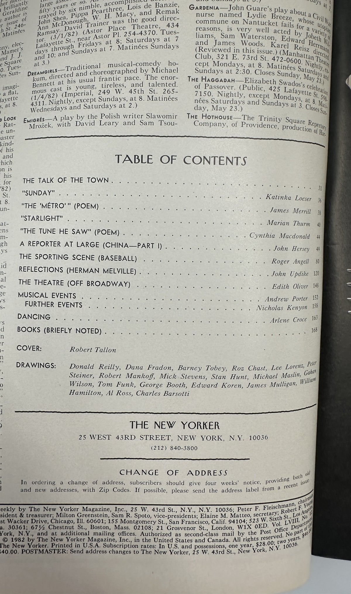 The New Yorker Magazine May 10, 1982 Reading Room Interior Robert Tallon Cover VG, showing the printed table of contents page with listings for fiction, poetry, China reporting, baseball, theater, music, dancing, and books.