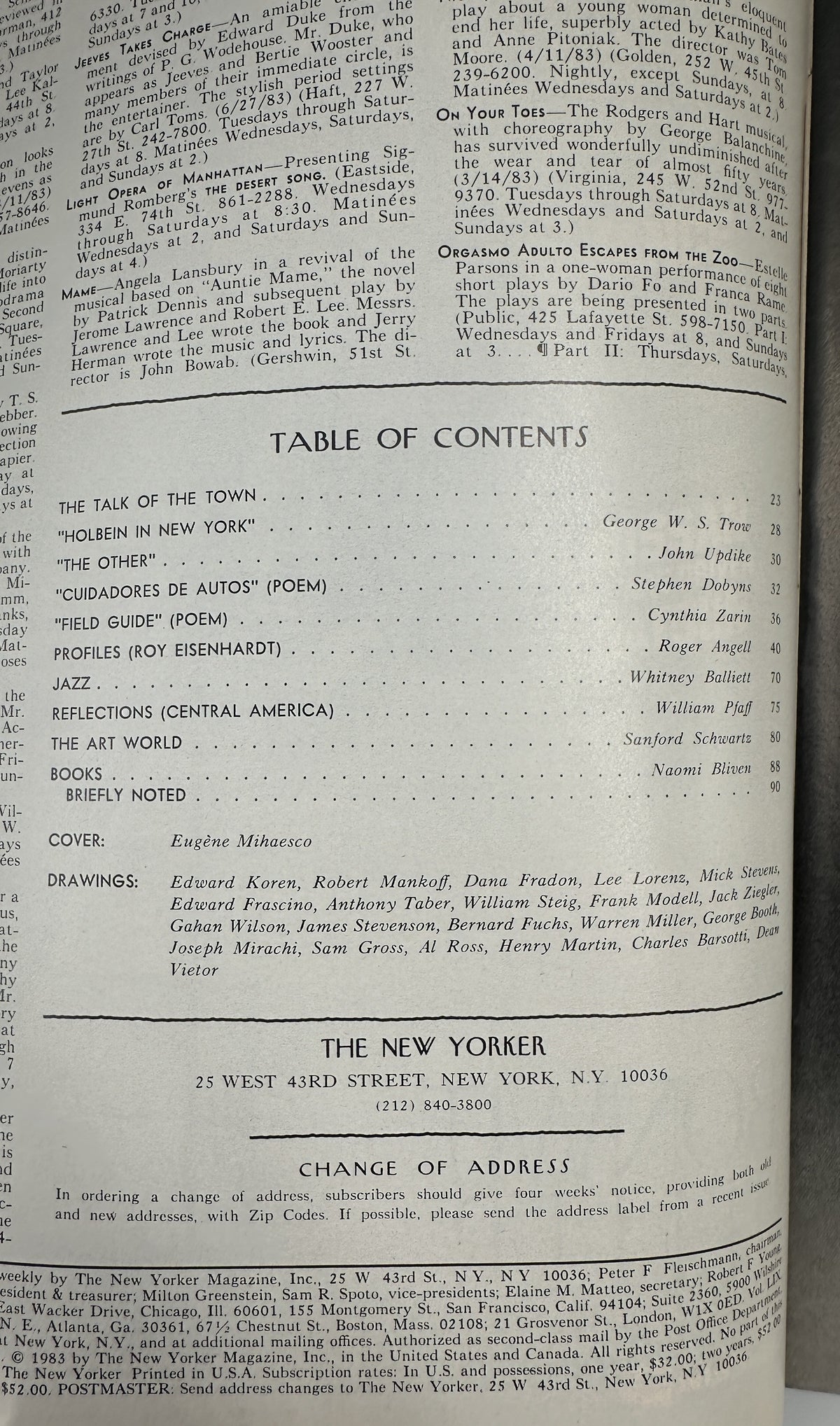 The New Yorker Magazine August 15, 1983 Gazebo Lake Eugene Mihaesco Cover VG, showing the printed table of contents and issue publication details.