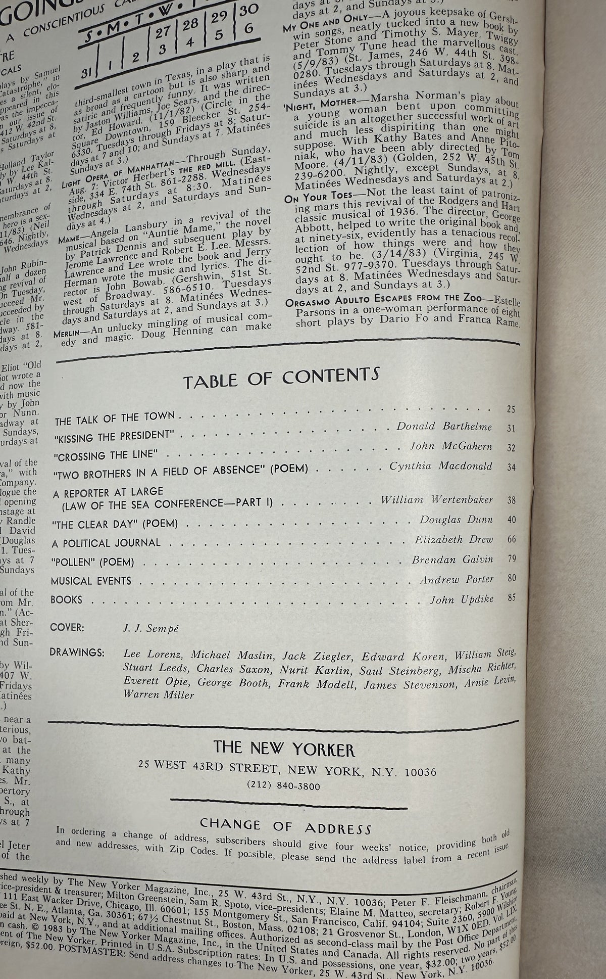 The New Yorker Magazine August 1, 1983 Bicycle Shop Interior J. J. Sempé Cover VG, interior page showing the table of contents and article listings.