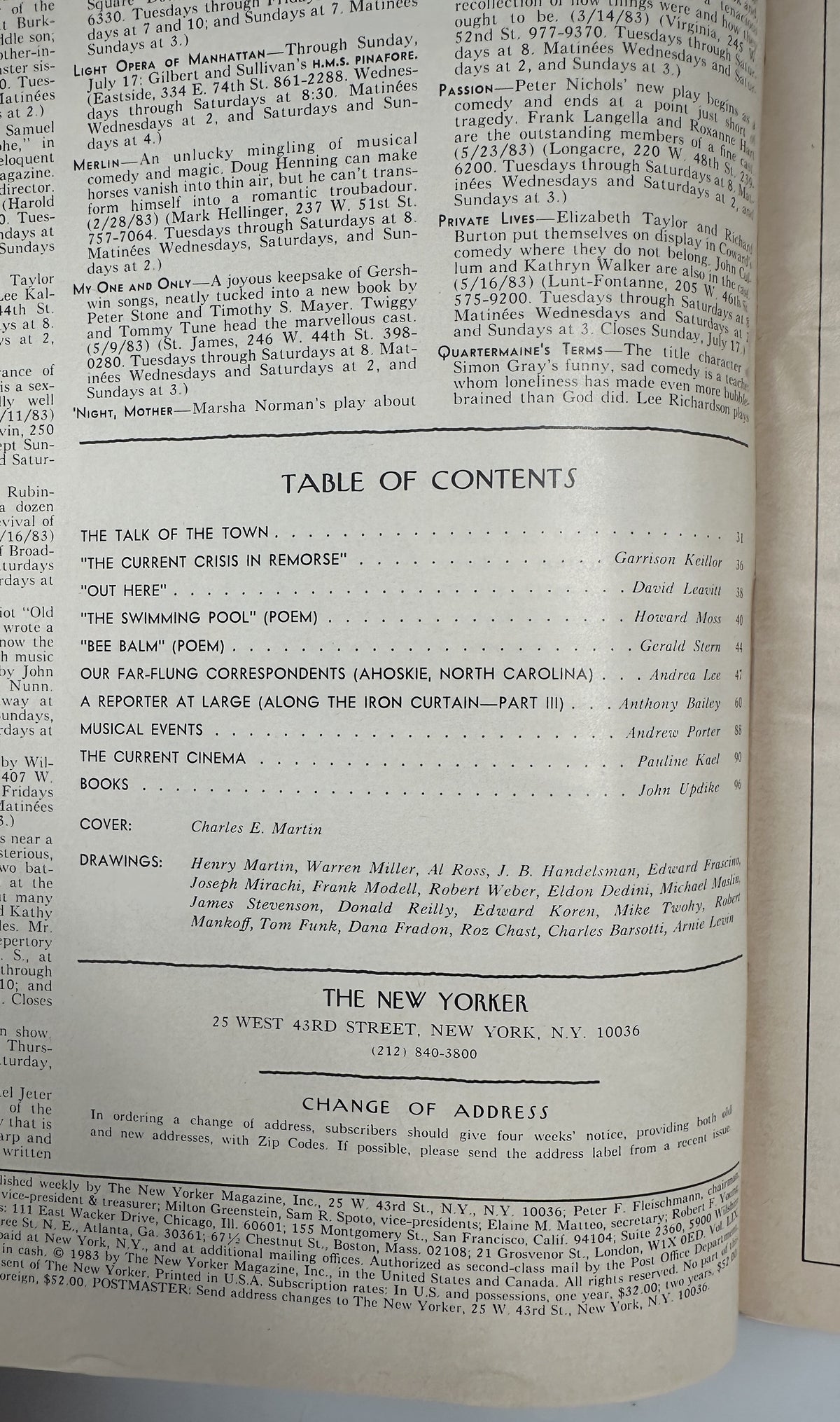 The New Yorker Magazine July 11, 1983 Coastal Wood Crates Charles E. Martin Cover VG, interior table of contents page showing featured articles, poems, reviews, drawings, and issue information.