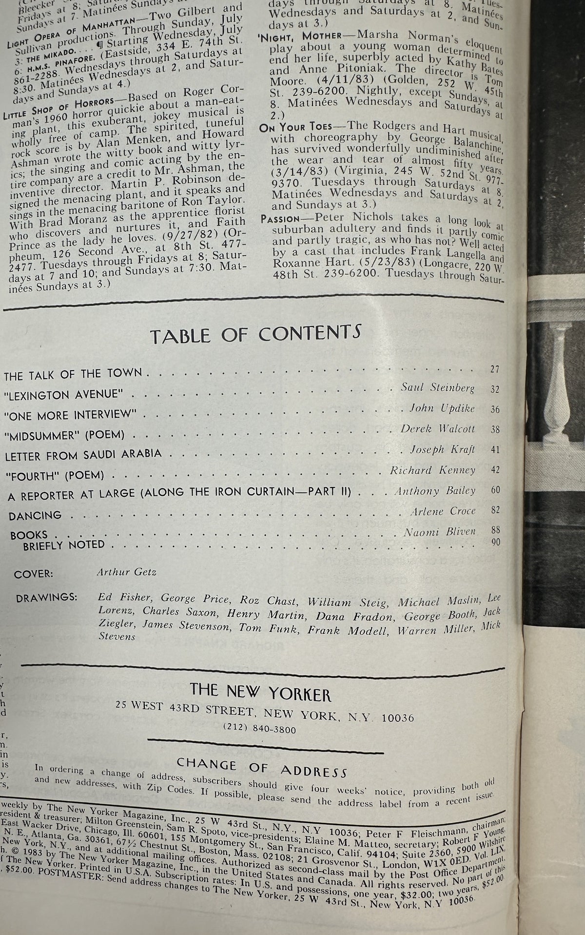 The New Yorker Magazine July 4, 1983 Harbor Village Arthur Getz Cover VG, interior table of contents page listing articles, poems, authors, cover artist Arthur Getz, and contributing cartoonists.