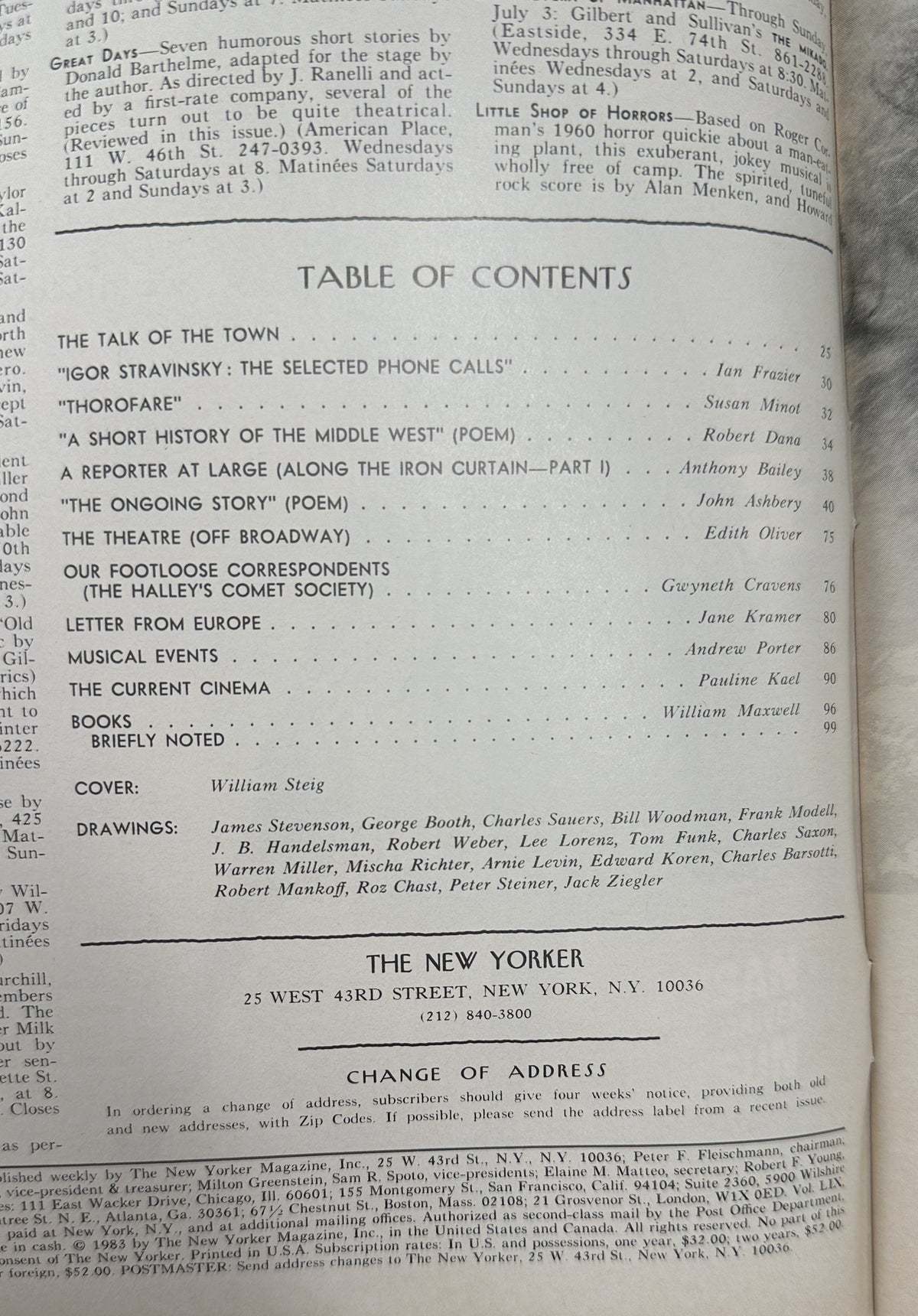 The New Yorker Magazine June 27, 1983 Park Tourists William Steig Cover VG, interior table of contents page listing articles, poems, theater, cinema, books, and contributing artists.