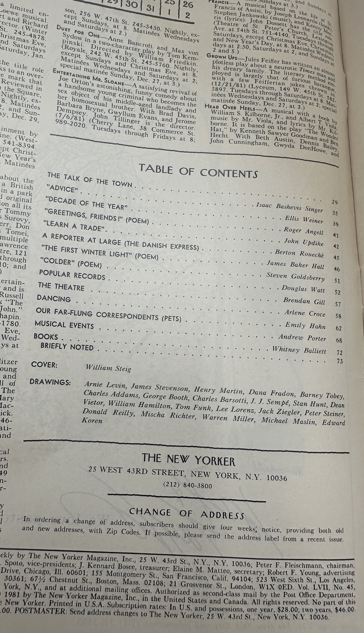 The New Yorker Magazine December 28, 1981 Santa Toy House William Steig Cover VG, interior table of contents page listing articles, poems, reviews, contributors, and William Steig cover credit.