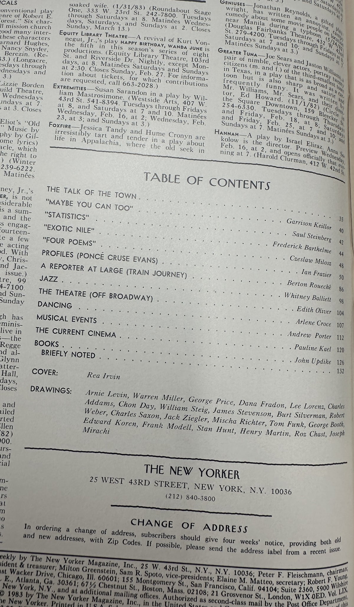 The New Yorker Magazine February 21, 1983 Top Hat Butterfly Rea Irvin Cover VG, showing the magazine table of contents and feature listings.