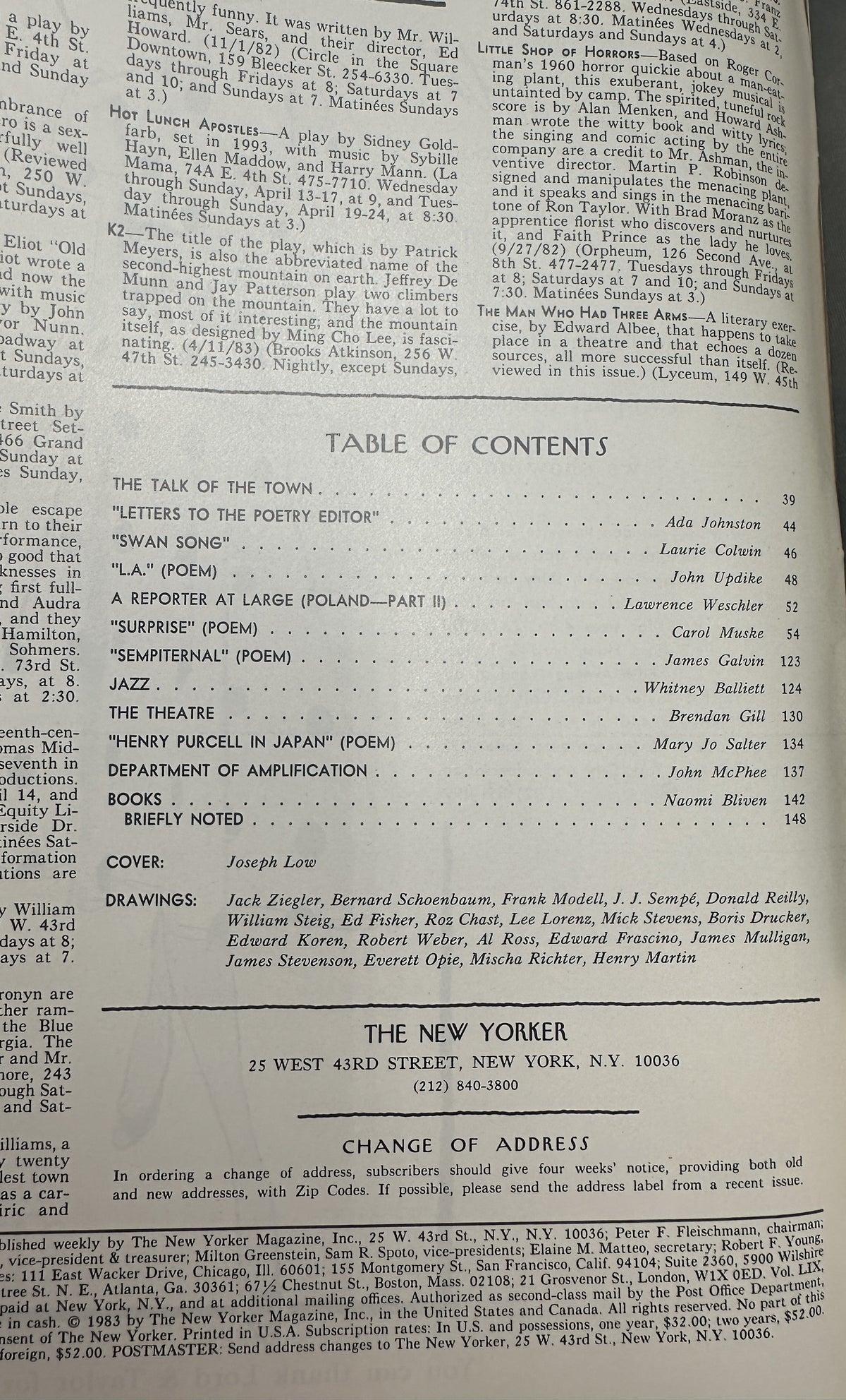 The New Yorker Magazine April 18, 1983 Whimsical City Moon Joseph Low Cover VG, interior page showing the Table of Contents and magazine text.