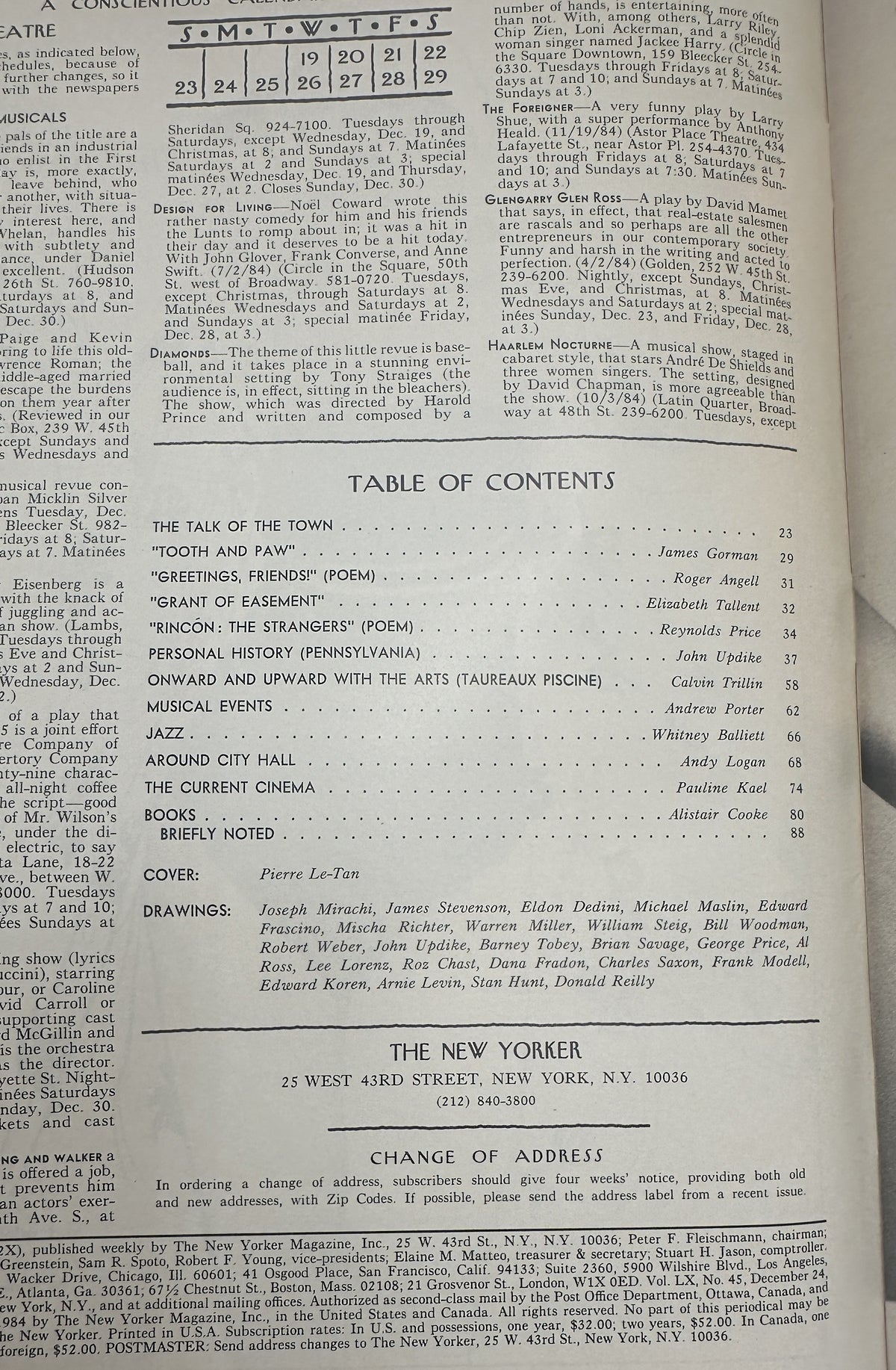 The New Yorker Magazine December 24, 1984 Christmas Toys Train Pierre Le-Tan Cover VG, interior table of contents page listing articles, poems, reviews, and contributors.