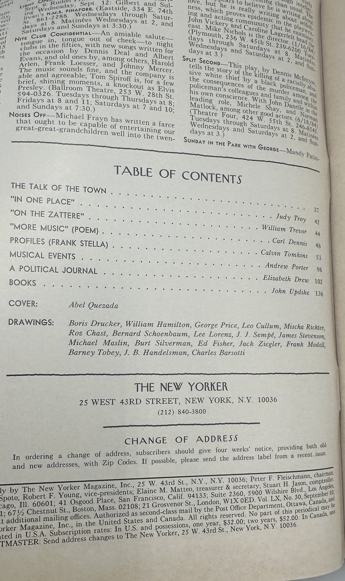 The New Yorker Magazine September 10, 1984 Red Roses Vase Abel Quezada Cover VG, open to the table of contents and publication information page.