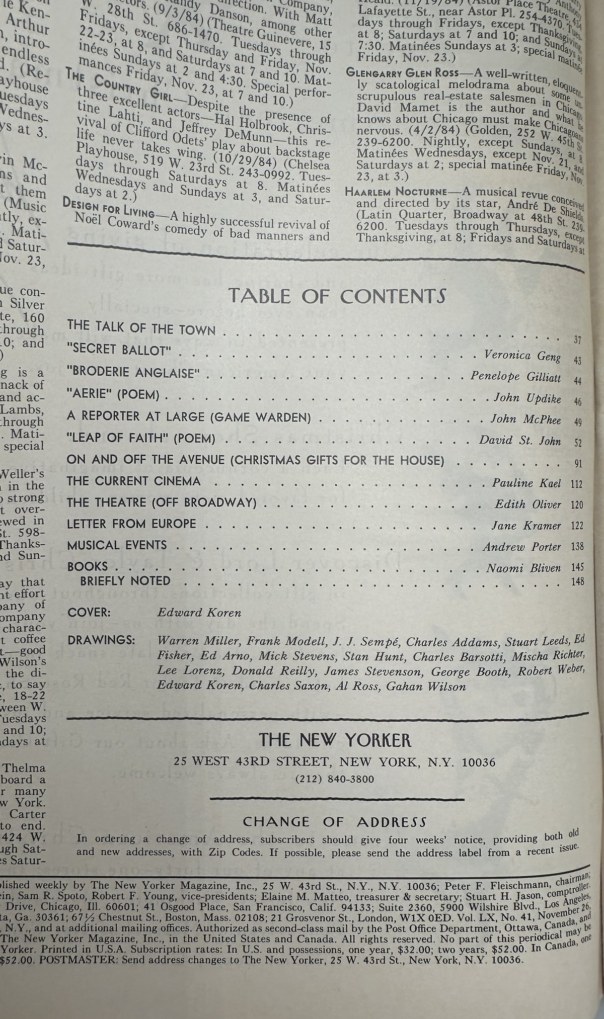The New Yorker Magazine November 26, 1984 Dancing Turkeys Pumpkins Edward Koren VG, interior table of contents page with featured articles, contributors, and Edward Koren cover credit