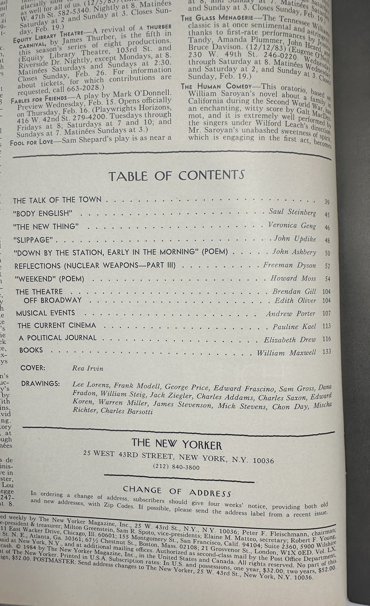 The New Yorker Magazine February 20, 1984 Top Hat Butterfly Rea Irvin Cover VG — photographed table of contents page listing articles, poems, theater, cinema, books, cover artist Rea Irvin, and contributing cartoonists.
