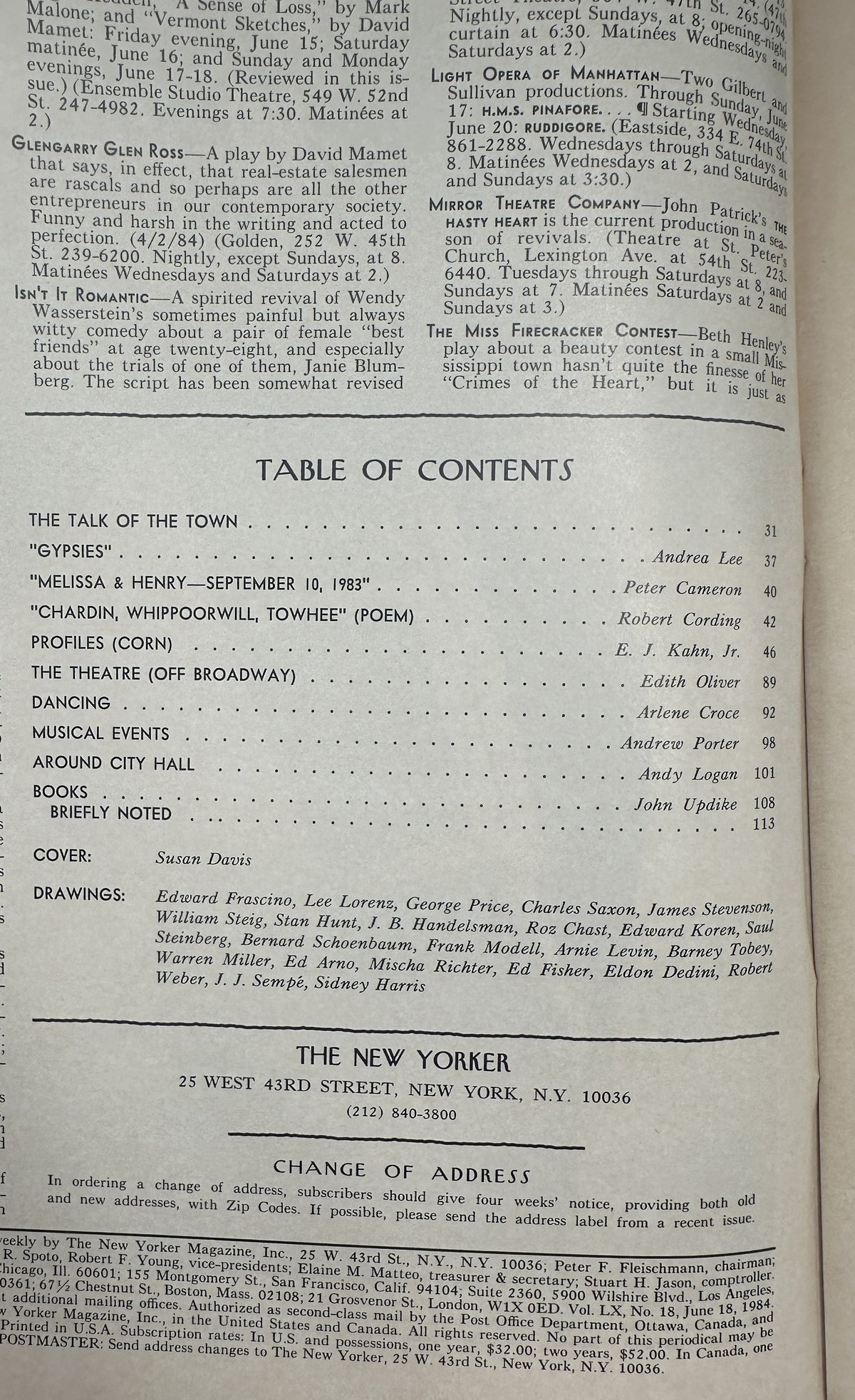 The New Yorker Magazine June 18, 1984 Bridge Joggers Reflection Susan Davis Cover VG, interior table of contents page listing articles, departments, contributors, and cover artist Susan Davis.