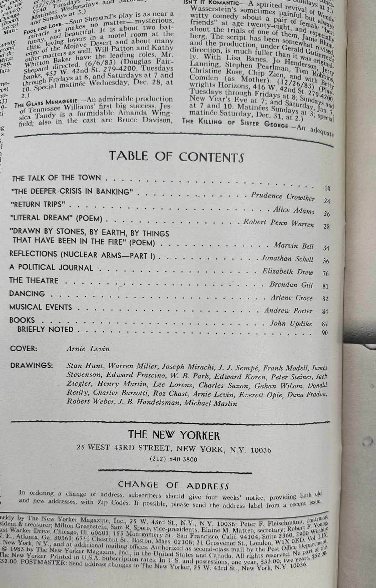 The New Yorker Magazine January 2, 1984 Balloon Party Dining Arnie Levin Cover VG, showing the printed table of contents with articles, poems, reviews, and listed contributors.