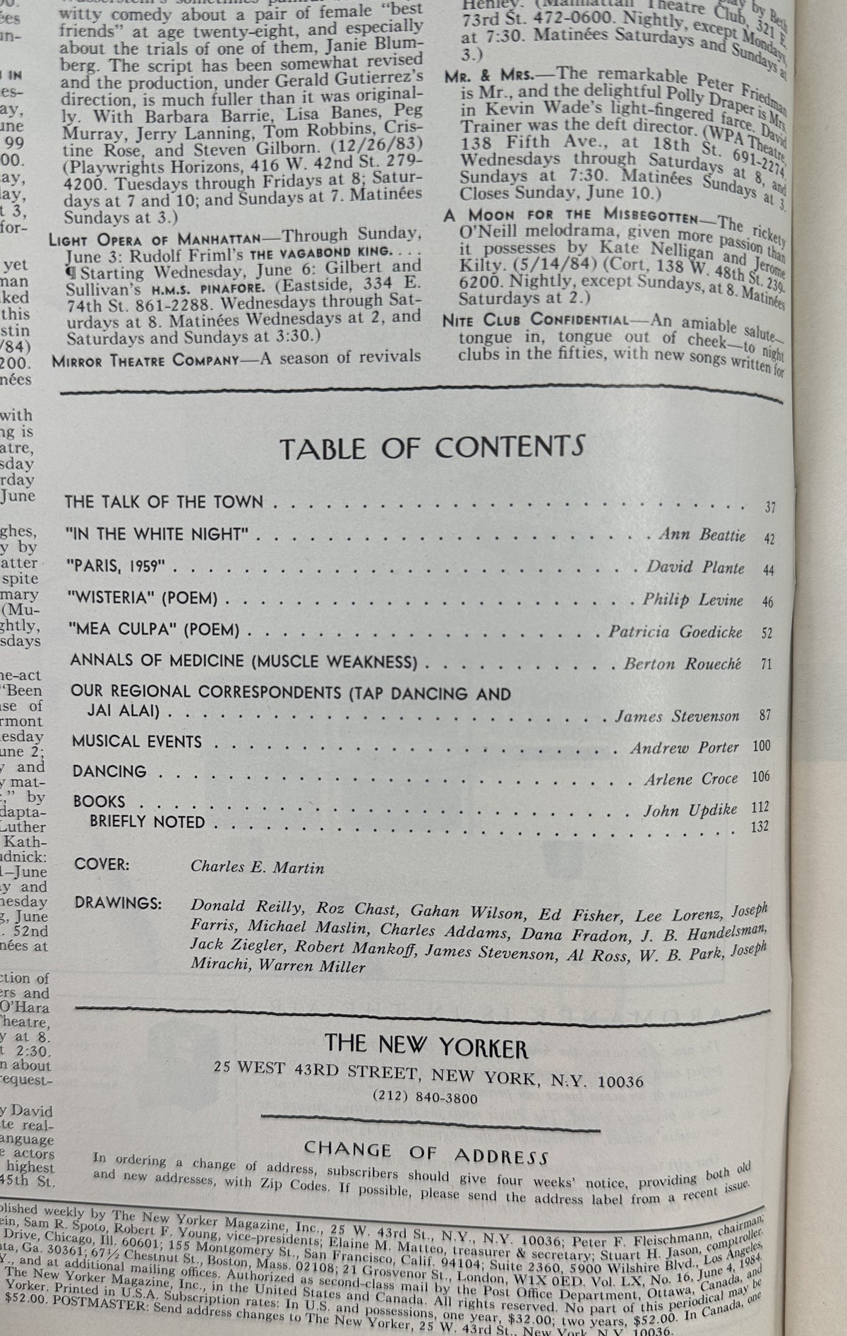 The New Yorker Magazine June 4, 1984 Sidewalk Cafe Awning Charles E. Martin Cover VG, interior table of contents page featuring fiction, poetry, medicine, music, dancing, books, and cover credits.