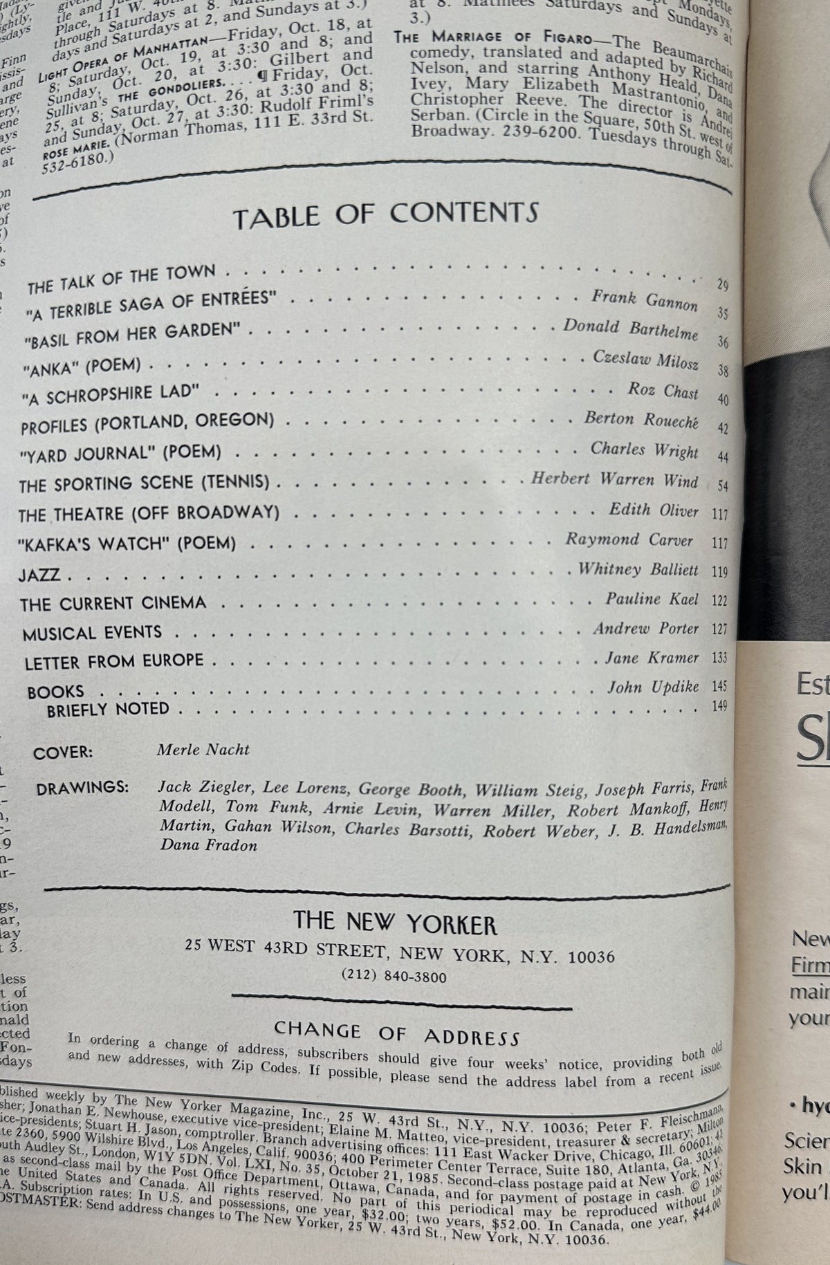 The New Yorker Magazine October 21, 1985 Ferris Wheel Night Merle Nacht Cover VG, showing the table of contents page with listings for articles, poems, reviews, contributors, and cover artist Merle Nacht.