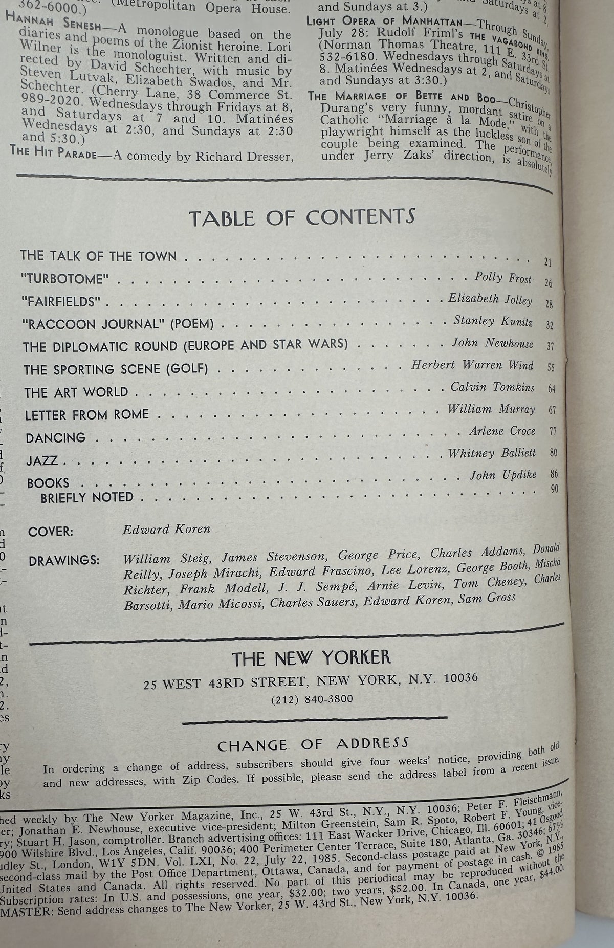 The New Yorker Magazine July 22, 1985 Ice Cream Shop Alligators Edward Koren Cover VG, interior table of contents page listing articles, departments, cover artist Edward Koren, and contributing cartoonists.