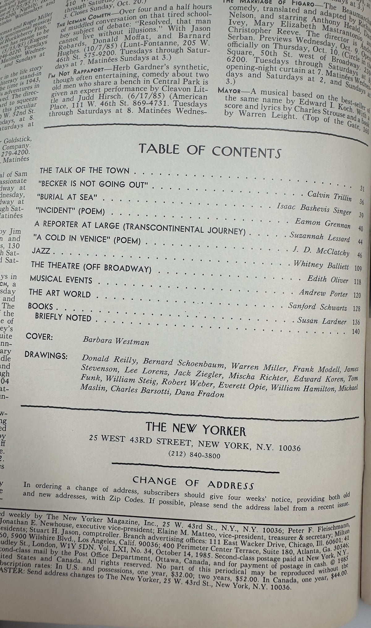 The New Yorker Magazine October 14, 1985 Autumn Park Tree Barbara Westman Cover VG - table of contents page featuring articles, poems, arts coverage, and cover credit for Barbara Westman