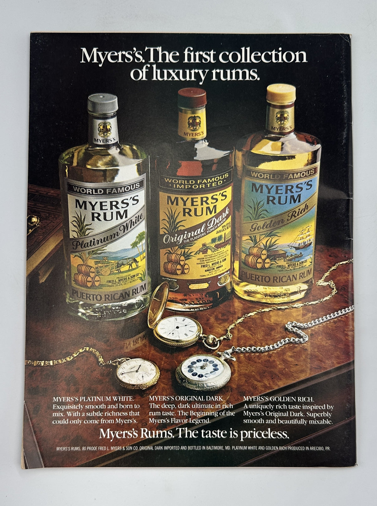 The New Yorker Magazine June 7, 1982 Sunlit Alley Bicycle Cart Eugène Mihaesco Cover, featuring a vintage Myers's luxury rum advertisement with three rum bottles, a pocket watch, and decorative chains.