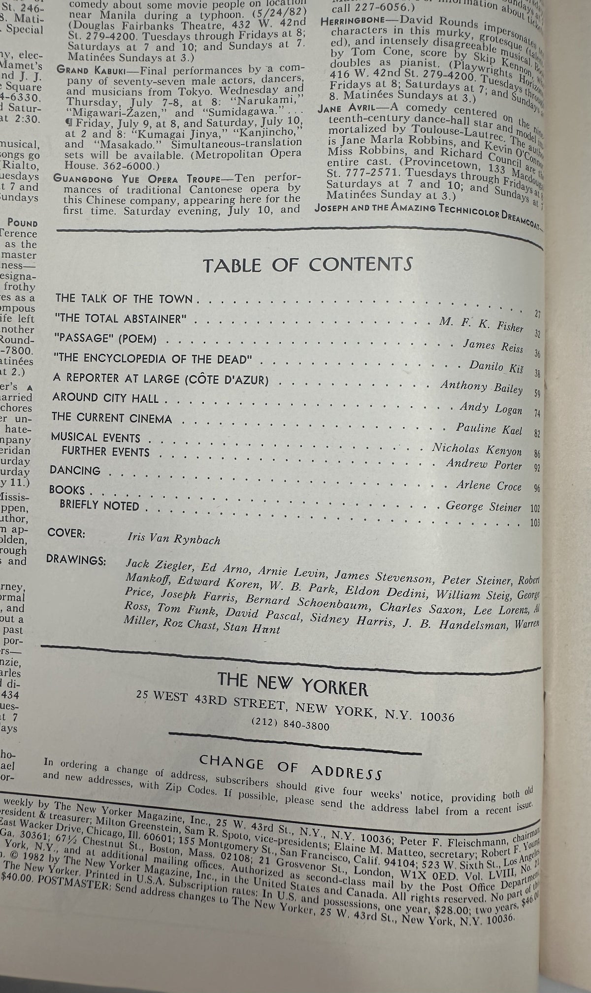 The New Yorker Magazine July 12, 1982 Grand Hotel Park Iris Van Rynbach Cover interior table of contents page listing articles, fiction, poetry, reviews, and contributors.