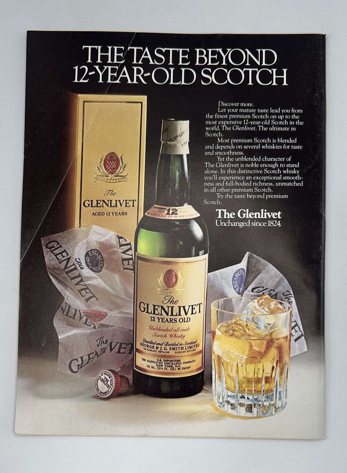 The New Yorker Magazine July 12, 1982 Grand Hotel Park Iris Van Rynbach Cover interior Glenlivet 12-year-old Scotch whisky advertisement featuring a bottle, box, and glass of whisky.