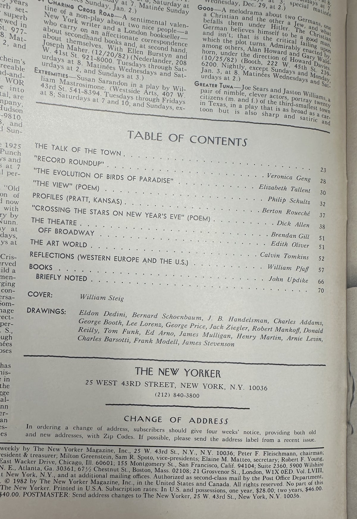 The New Yorker Magazine January 3, 1983 New Year Party Dance William Steig Cover, showing the printed table of contents and featured articles inside the issue.