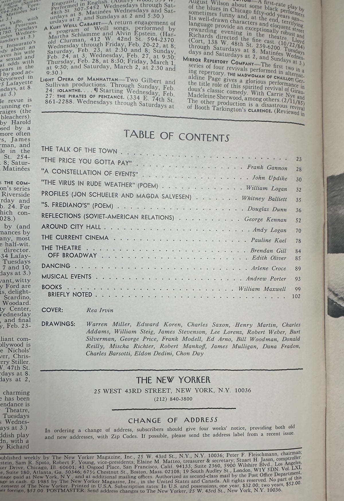 The New Yorker Magazine February 25, 1985 Top Hat Butterfly Rea Irvin Cover showing the magazine table of contents and contributor listings.