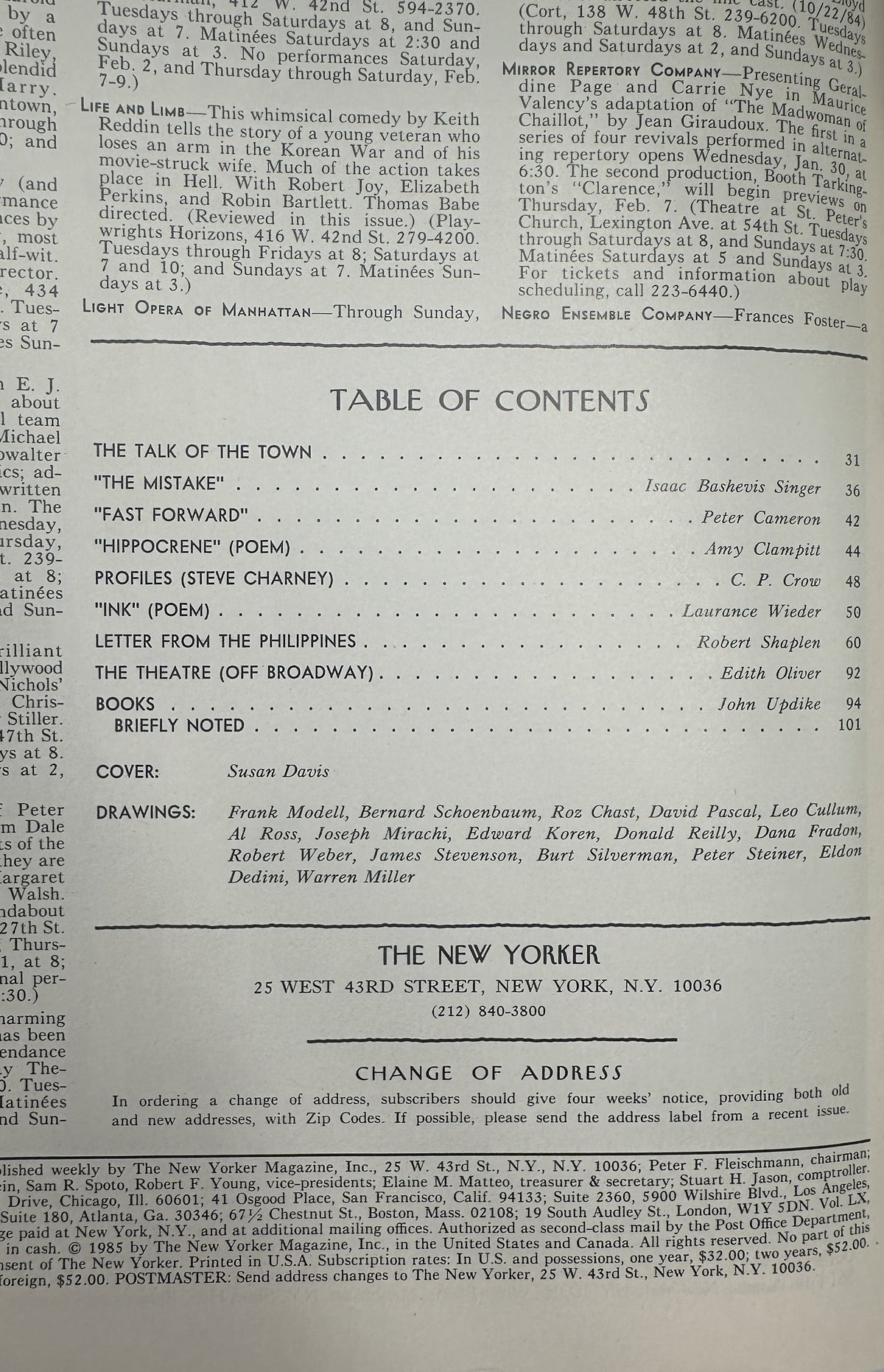 The New Yorker Magazine February 4, 1985 Pink Lake Waterfowl Susan Davis Cover table of contents page featuring articles, poems, profiles, theater, books, and cover credits