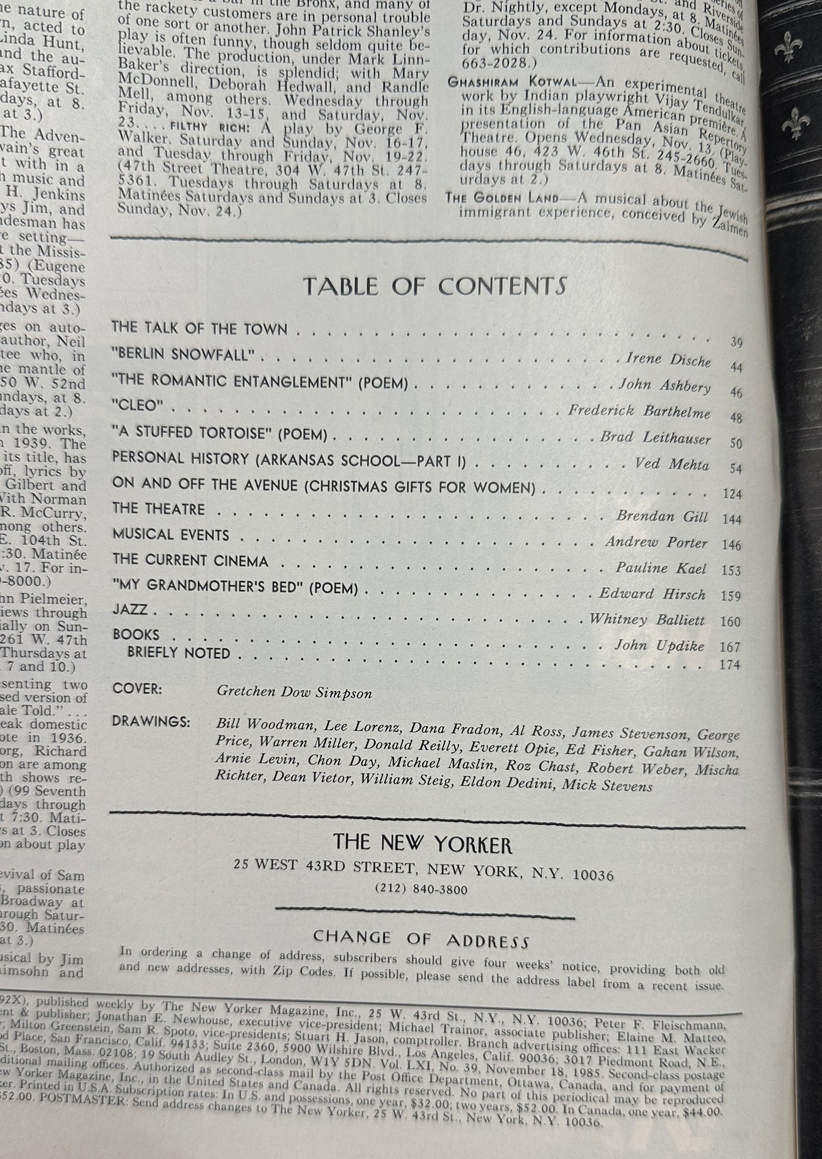 The New Yorker Magazine November 18, 1985 Coastal Cottages Gretchen Dow Simpson Cover showing the printed table of contents and magazine listings.