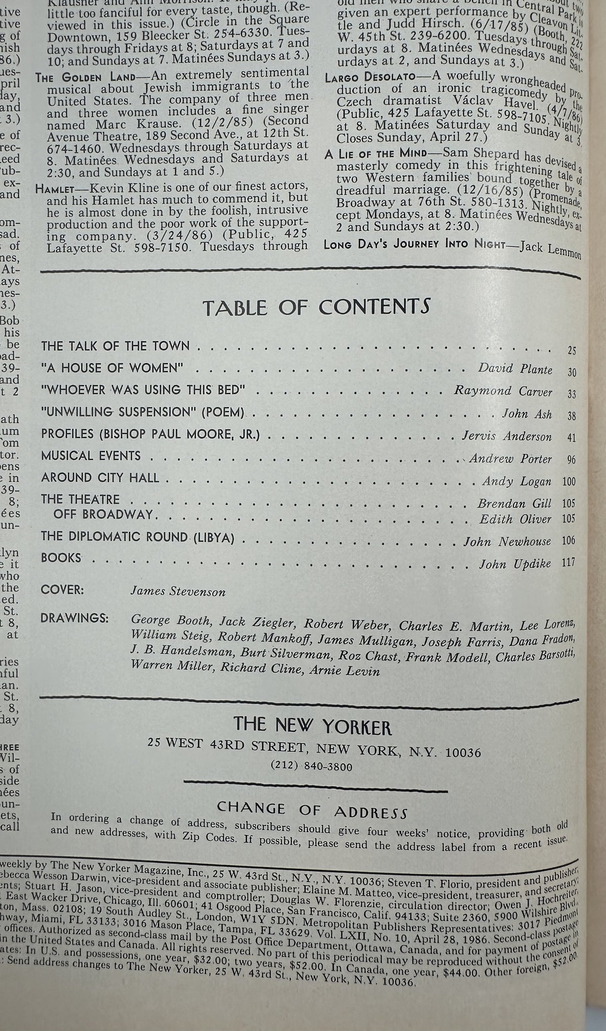 The New Yorker Magazine April 28, 1986 Hotel Lobby Interior James Stevenson Cover VG table of contents page listing fiction, profiles, musical events, theater, diplomacy, books, cover artist James Stevenson, and contributing cartoonists.