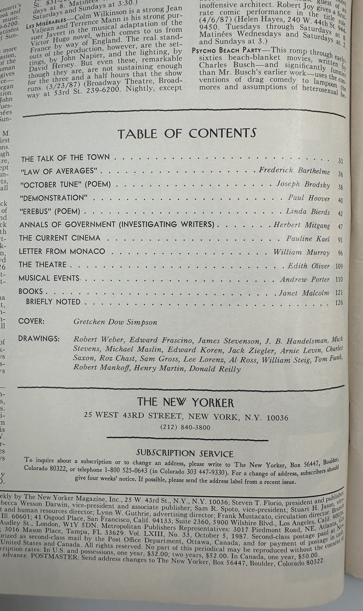 The New Yorker Magazine October 5, 1987 Farm Silo Barn Gretchen Dow Simpson Cover VG, table of contents page featuring articles, poems, reviews, and cover credits.
