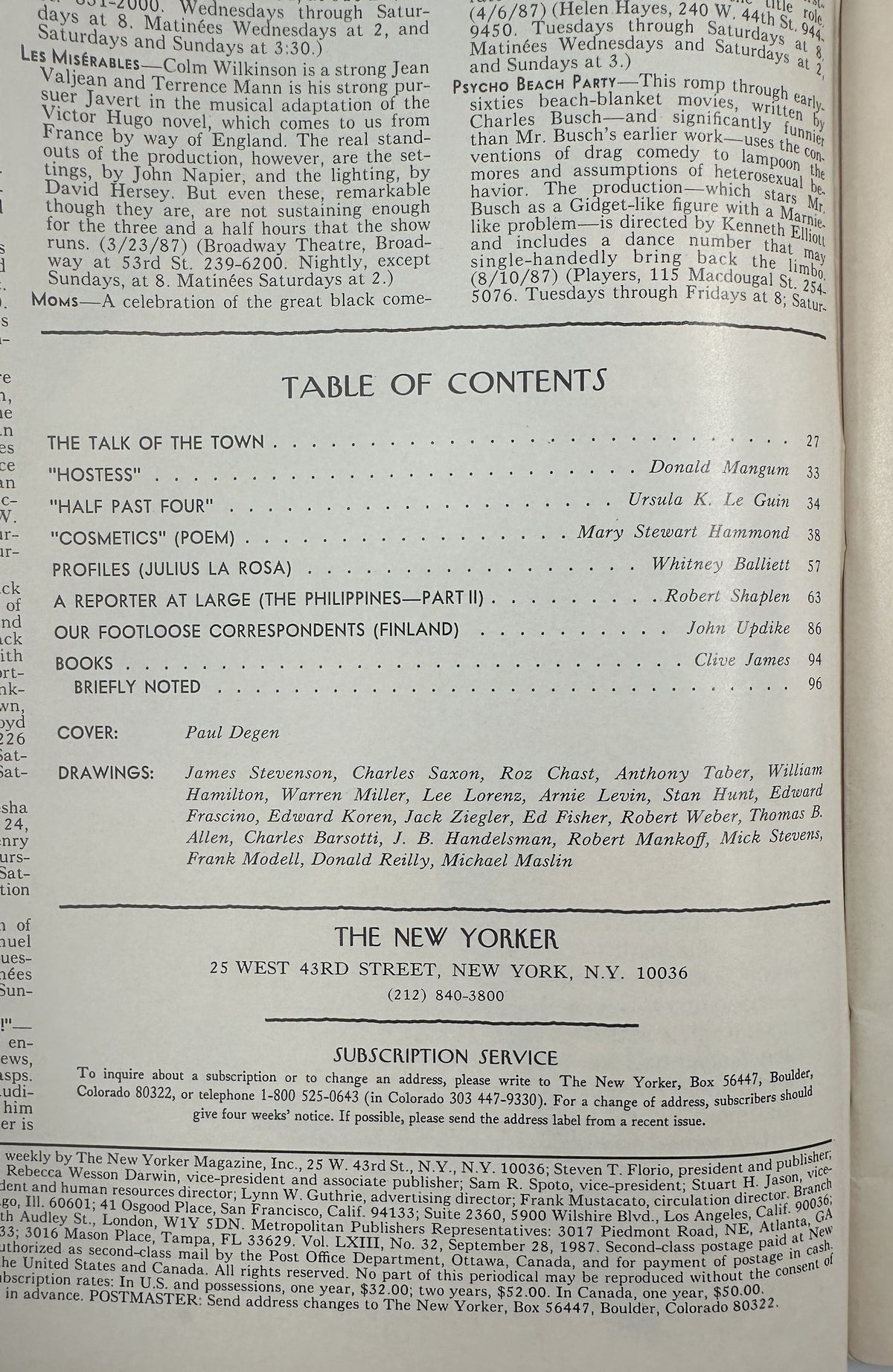 The New Yorker Magazine September 28, 1987 Elevator Buttons Paul Degen Cover VG, interior table of contents page with articles, contributors, drawings, and publication details